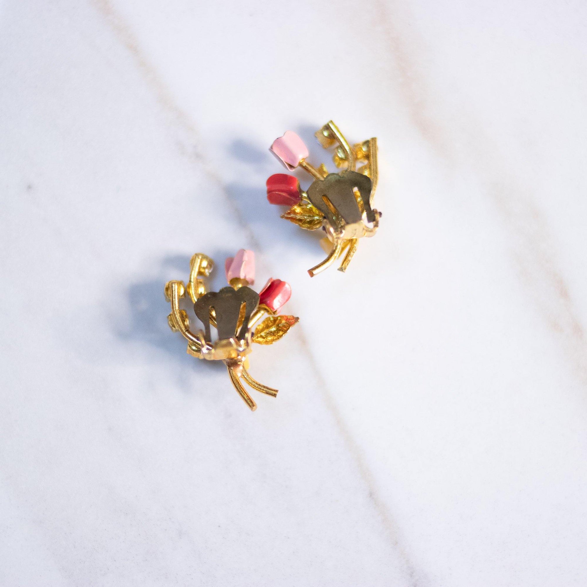 Vintage Petite Red, Pink, and Yellow Rose Earrings with Aurora Borealis Rhinestones by Made in Austria - Vintage Meet Modern Vintage Jewelry - Chicago, Illinois - #oldhollywoodglamour #vintagemeetmodern #designervintage #jewelrybox #antiquejewelry #vintagejewelry