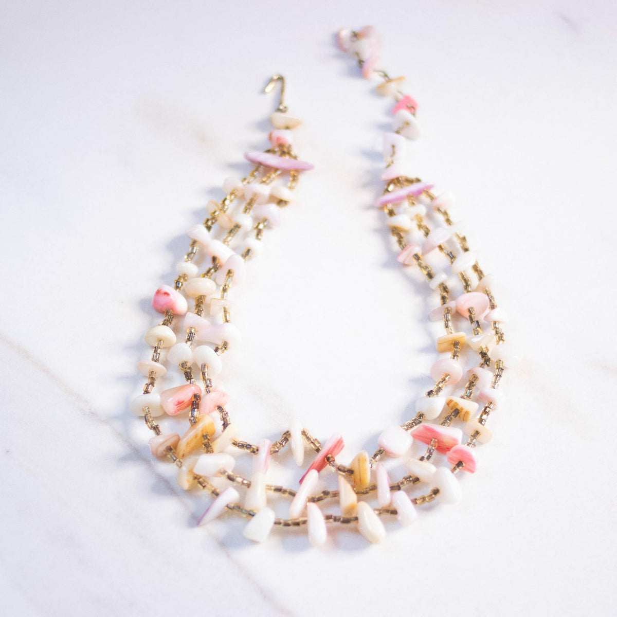 Vintage Pink and White Mother of Pearl Triple Strand Necklace