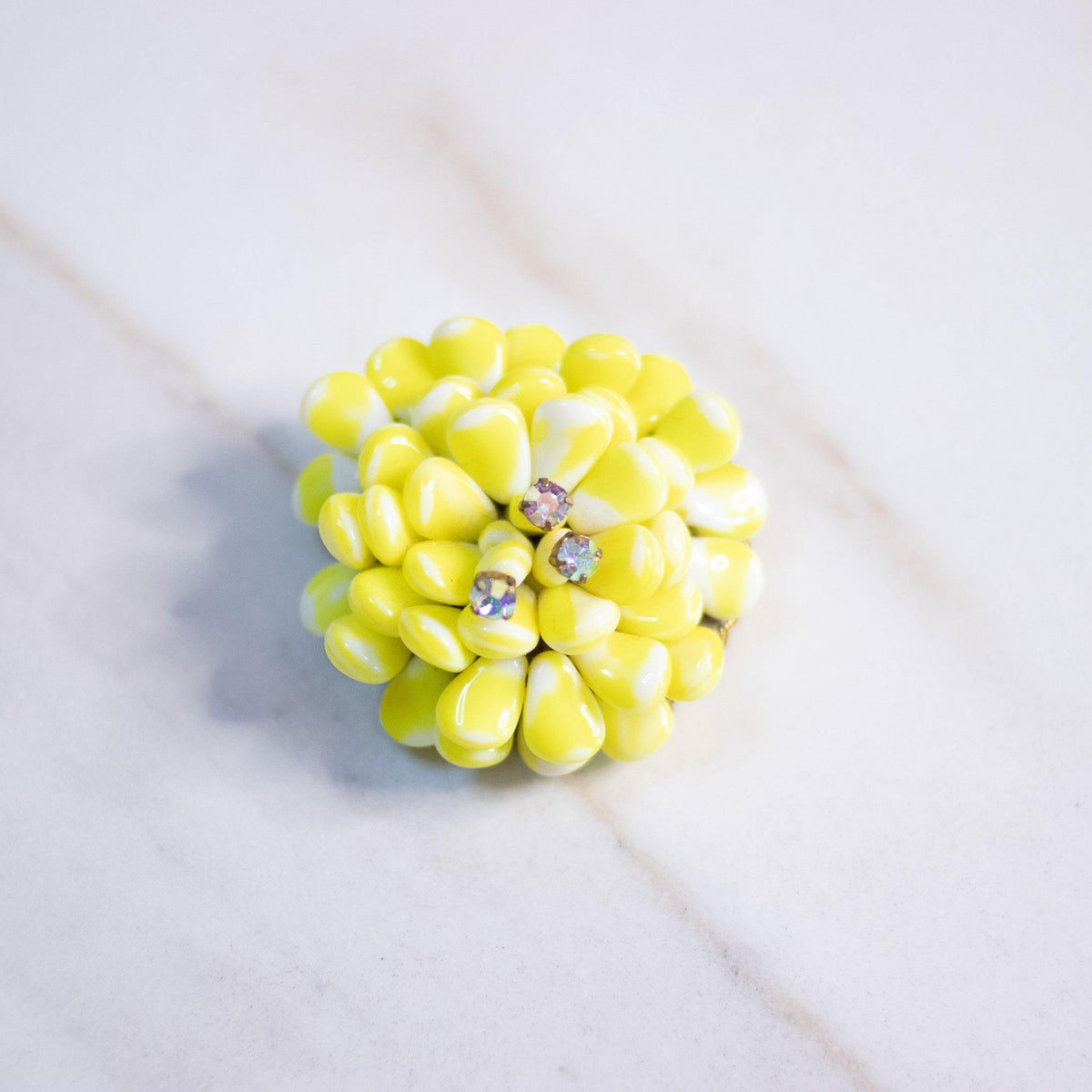 Vintage Bright Yellow Art Glass with Rhinestones Brooch