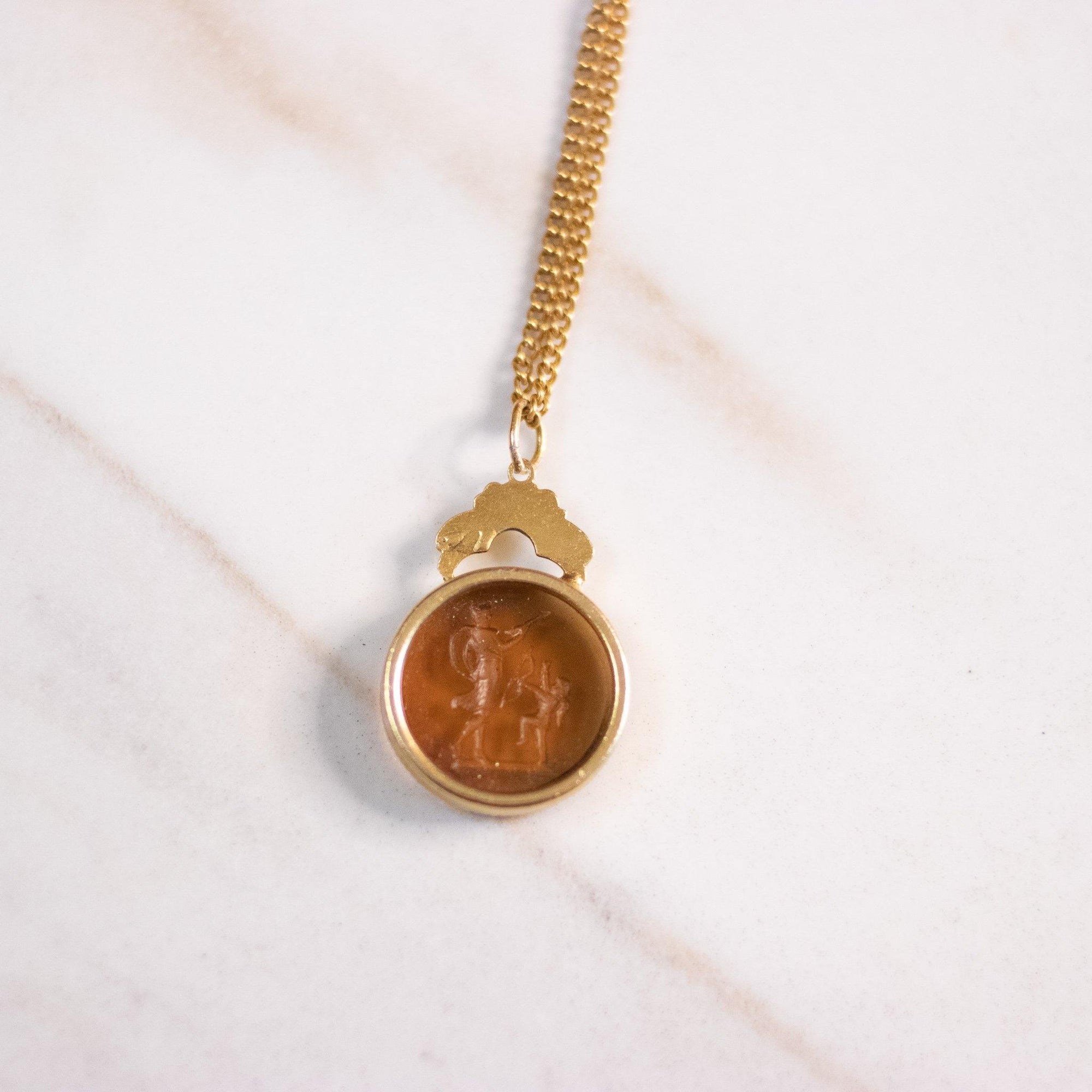 Vintage Gold Mythological Crystal Carved Cameo Necklace by Goldette - Vintage Meet Modern Vintage Jewelry - Chicago, Illinois - #oldhollywoodglamour #vintagemeetmodern #designervintage #jewelrybox #antiquejewelry #vintagejewelry