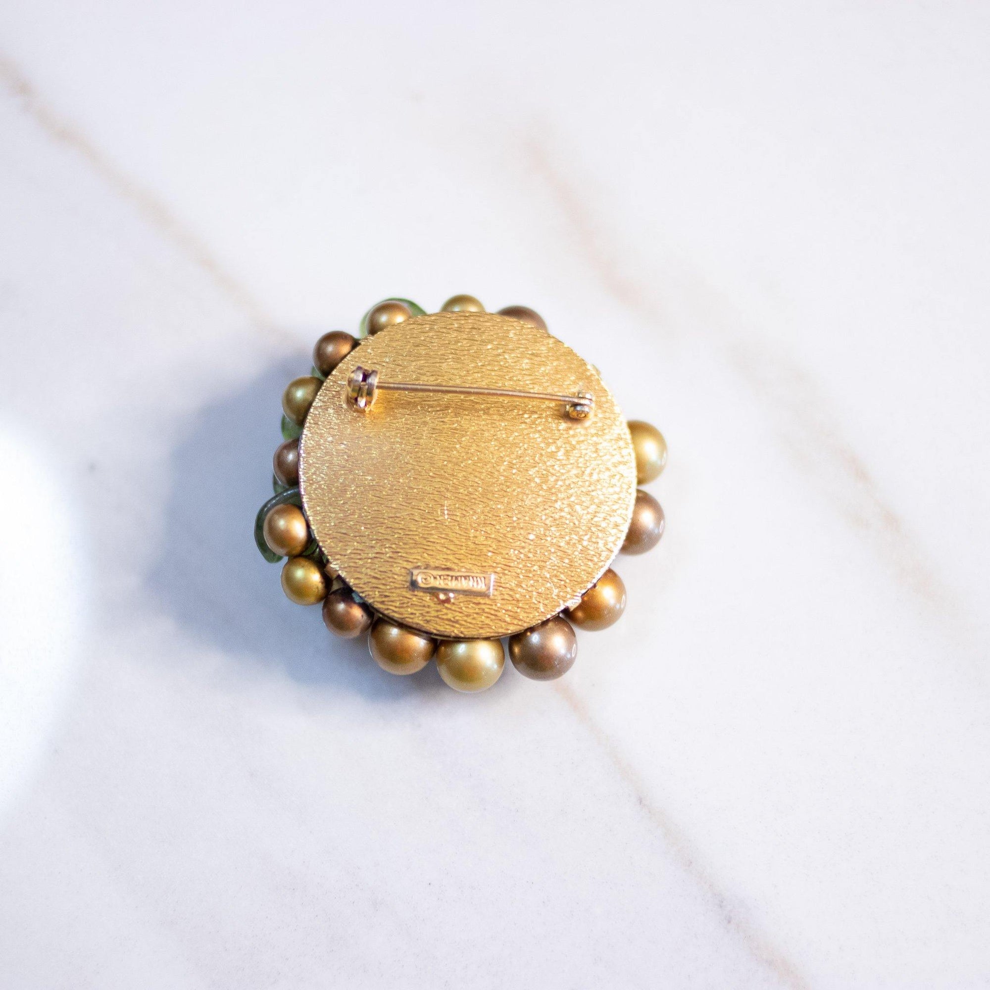 Vintage Kramer Green Pearl and Art Glass Brooch by Kramer - Vintage Meet Modern Vintage Jewelry - Chicago, Illinois - #oldhollywoodglamour #vintagemeetmodern #designervintage #jewelrybox #antiquejewelry #vintagejewelry
