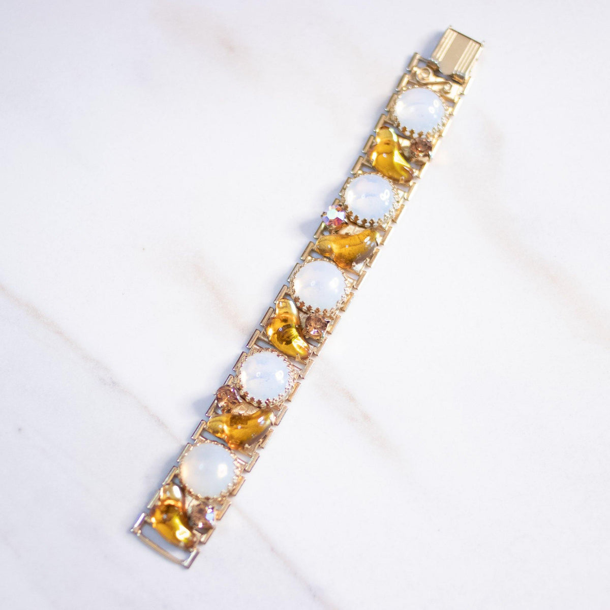 Vintage Opaline Glass and Amber Art Glass Rhinestone Bracelet