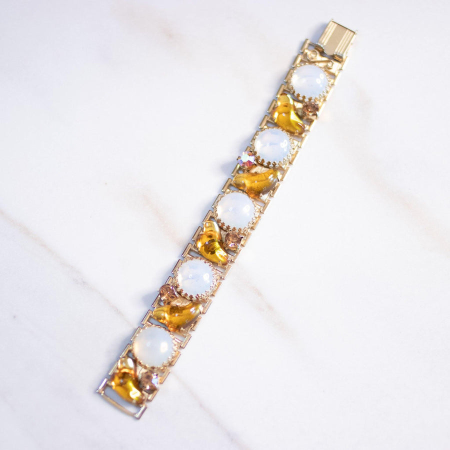 Vintage Opaline Glass and Amber Art Glass Rhinestone Bracelet by Juliana - Vintage Meet Modern Vintage Jewelry - Chicago, Illinois - #oldhollywoodglamour #vintagemeetmodern #designervintage #jewelrybox #antiquejewelry #vintagejewelry