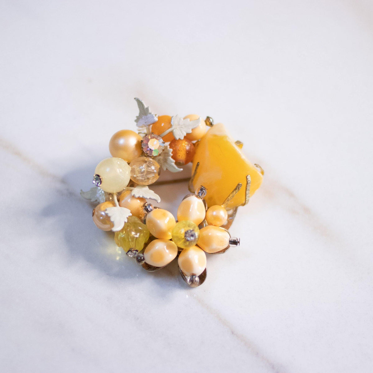 Vintage Orange Flower Rhinestone Brooch