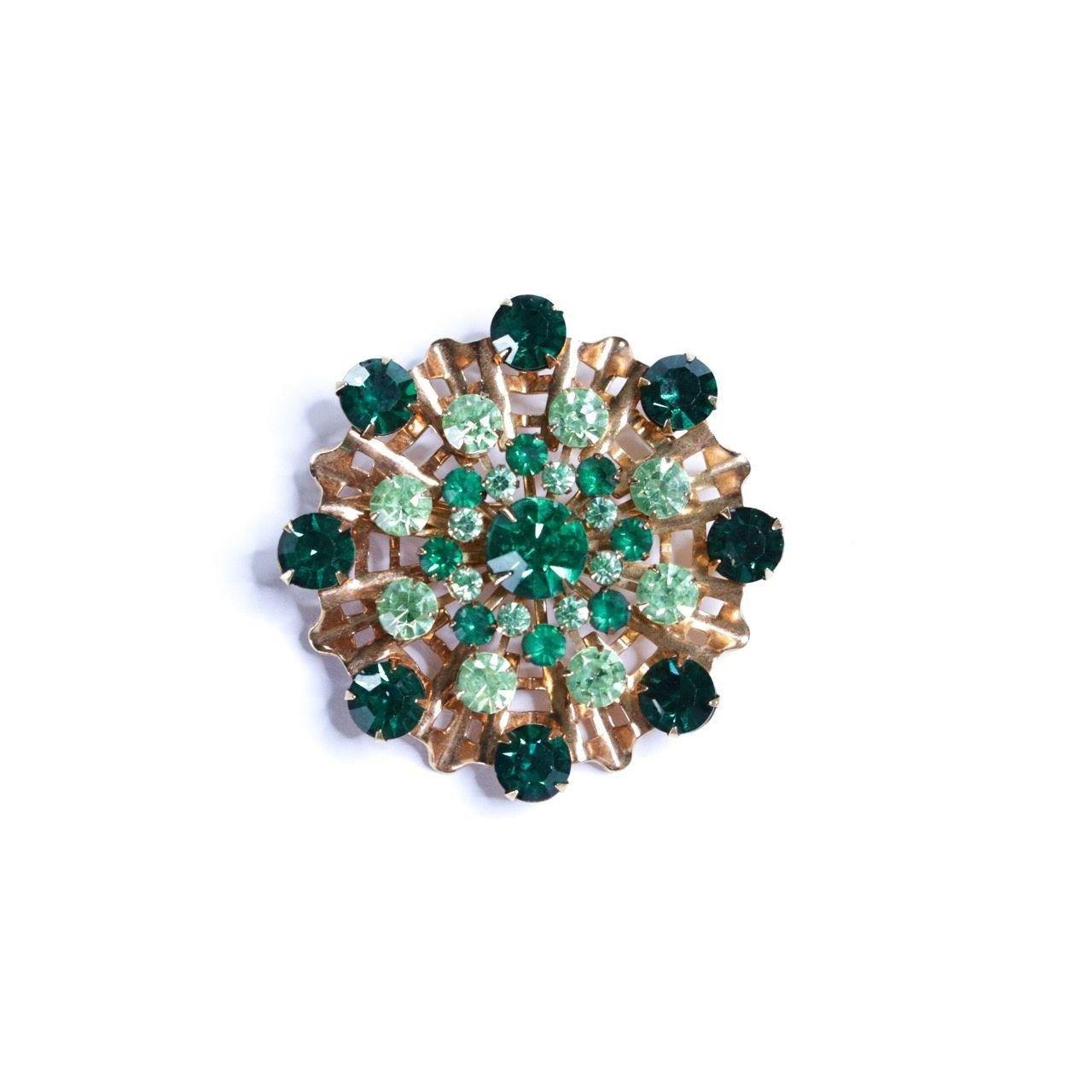 Vintage Shades of Green Rhinestone Ruffle Brooch by Unsigned Beauty - Vintage Meet Modern Vintage Jewelry - Chicago, Illinois - #oldhollywoodglamour #vintagemeetmodern #designervintage #jewelrybox #antiquejewelry #vintagejewelry
