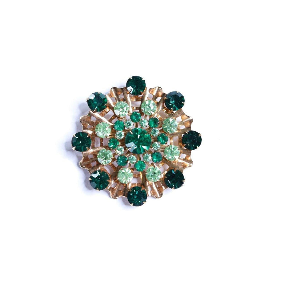 Vintage Shades of Green Rhinestone Ruffle Brooch by Unsigned Beauty - Vintage Meet Modern Vintage Jewelry - Chicago, Illinois - #oldhollywoodglamour #vintagemeetmodern #designervintage #jewelrybox #antiquejewelry #vintagejewelry