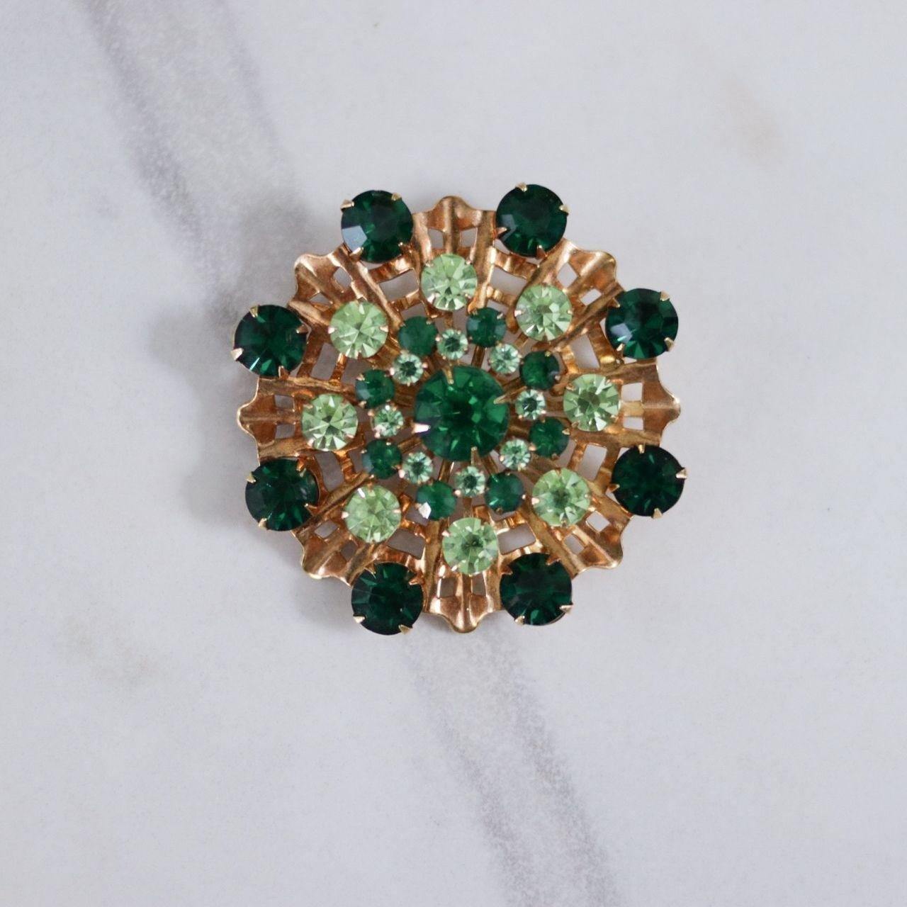 Vintage Shades of Green Rhinestone Ruffle Brooch by Unsigned Beauty - Vintage Meet Modern Vintage Jewelry - Chicago, Illinois - #oldhollywoodglamour #vintagemeetmodern #designervintage #jewelrybox #antiquejewelry #vintagejewelry
