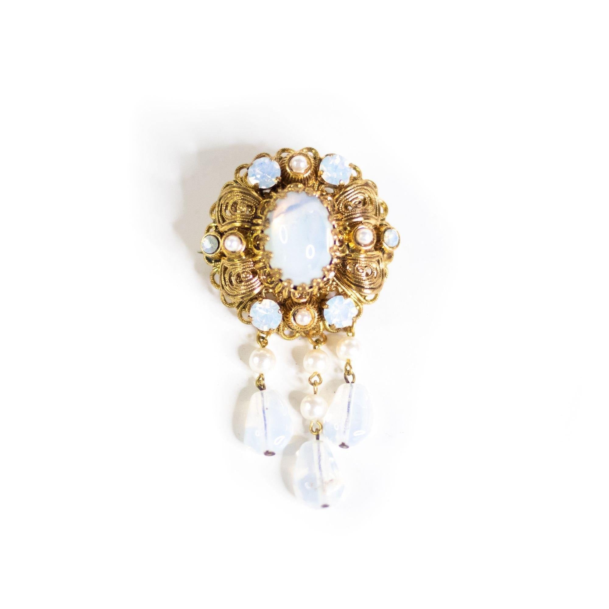 Vintage West Germany Opaline and Rhinestone Dangling Crystal Brooch by West Germany - Vintage Meet Modern Vintage Jewelry - Chicago, Illinois - #oldhollywoodglamour #vintagemeetmodern #designervintage #jewelrybox #antiquejewelry #vintagejewelry