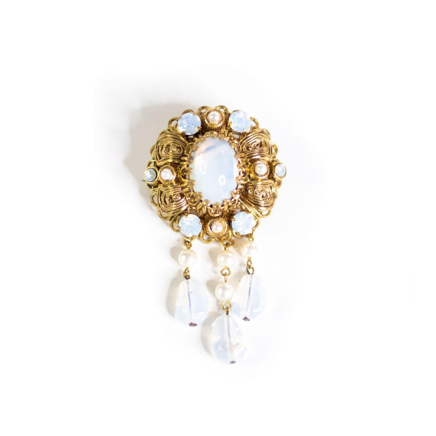 Vintage West Germany Opaline and Rhinestone Dangling Crystal Brooch by West Germany - Vintage Meet Modern Vintage Jewelry - Chicago, Illinois - #oldhollywoodglamour #vintagemeetmodern #designervintage #jewelrybox #antiquejewelry #vintagejewelry