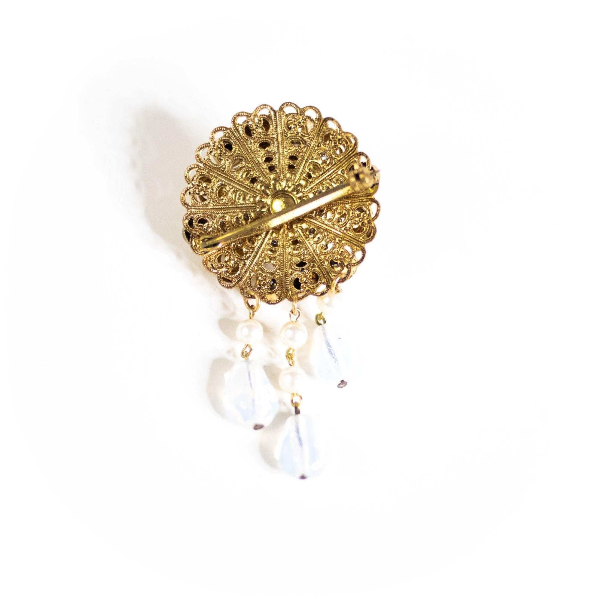 Vintage West Germany Opaline and Rhinestone Dangling Crystal Brooch by West Germany - Vintage Meet Modern Vintage Jewelry - Chicago, Illinois - #oldhollywoodglamour #vintagemeetmodern #designervintage #jewelrybox #antiquejewelry #vintagejewelry