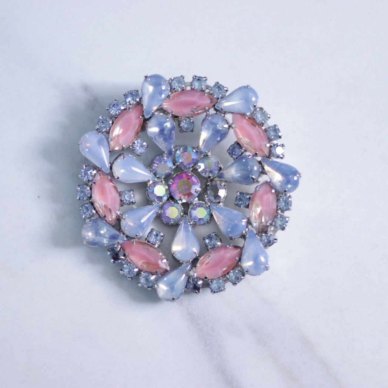 Vintage Blue and Pink Givre Rhinestone Round Medallion Brooch by Unsigned Beauty - Vintage Meet Modern Vintage Jewelry - Chicago, Illinois - #oldhollywoodglamour #vintagemeetmodern #designervintage #jewelrybox #antiquejewelry #vintagejewelry