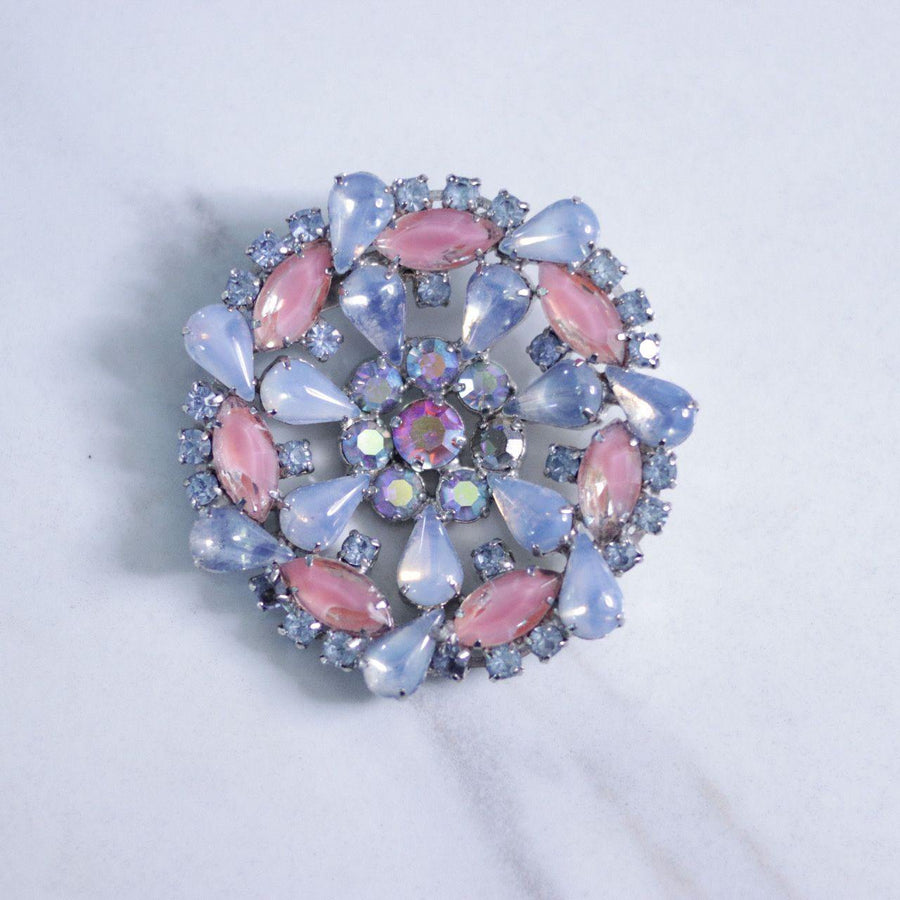Vintage Blue and Pink Givre Rhinestone Round Medallion Brooch by Unsigned Beauty - Vintage Meet Modern Vintage Jewelry - Chicago, Illinois - #oldhollywoodglamour #vintagemeetmodern #designervintage #jewelrybox #antiquejewelry #vintagejewelry