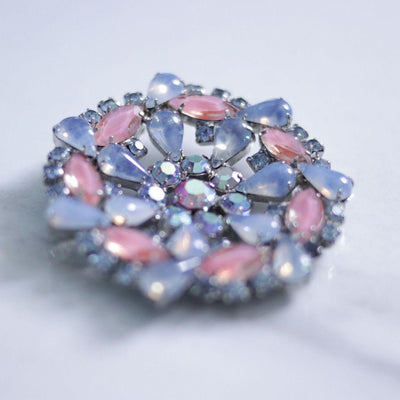 Vintage Blue and Pink Givre Rhinestone Round Medallion Brooch by Unsigned Beauty - Vintage Meet Modern Vintage Jewelry - Chicago, Illinois - #oldhollywoodglamour #vintagemeetmodern #designervintage #jewelrybox #antiquejewelry #vintagejewelry
