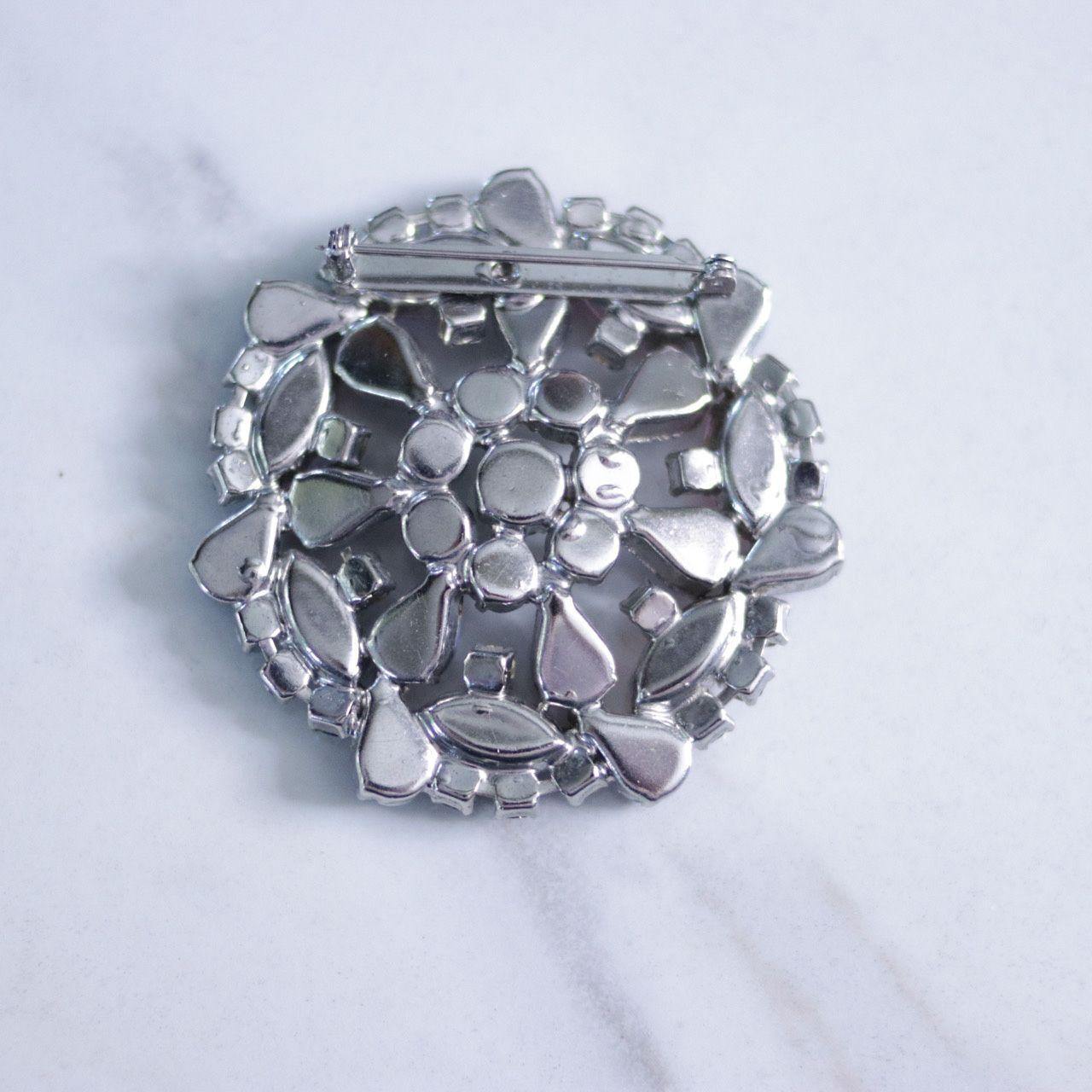 Vintage Blue and Pink Givre Rhinestone Round Medallion Brooch by Unsigned Beauty - Vintage Meet Modern Vintage Jewelry - Chicago, Illinois - #oldhollywoodglamour #vintagemeetmodern #designervintage #jewelrybox #antiquejewelry #vintagejewelry