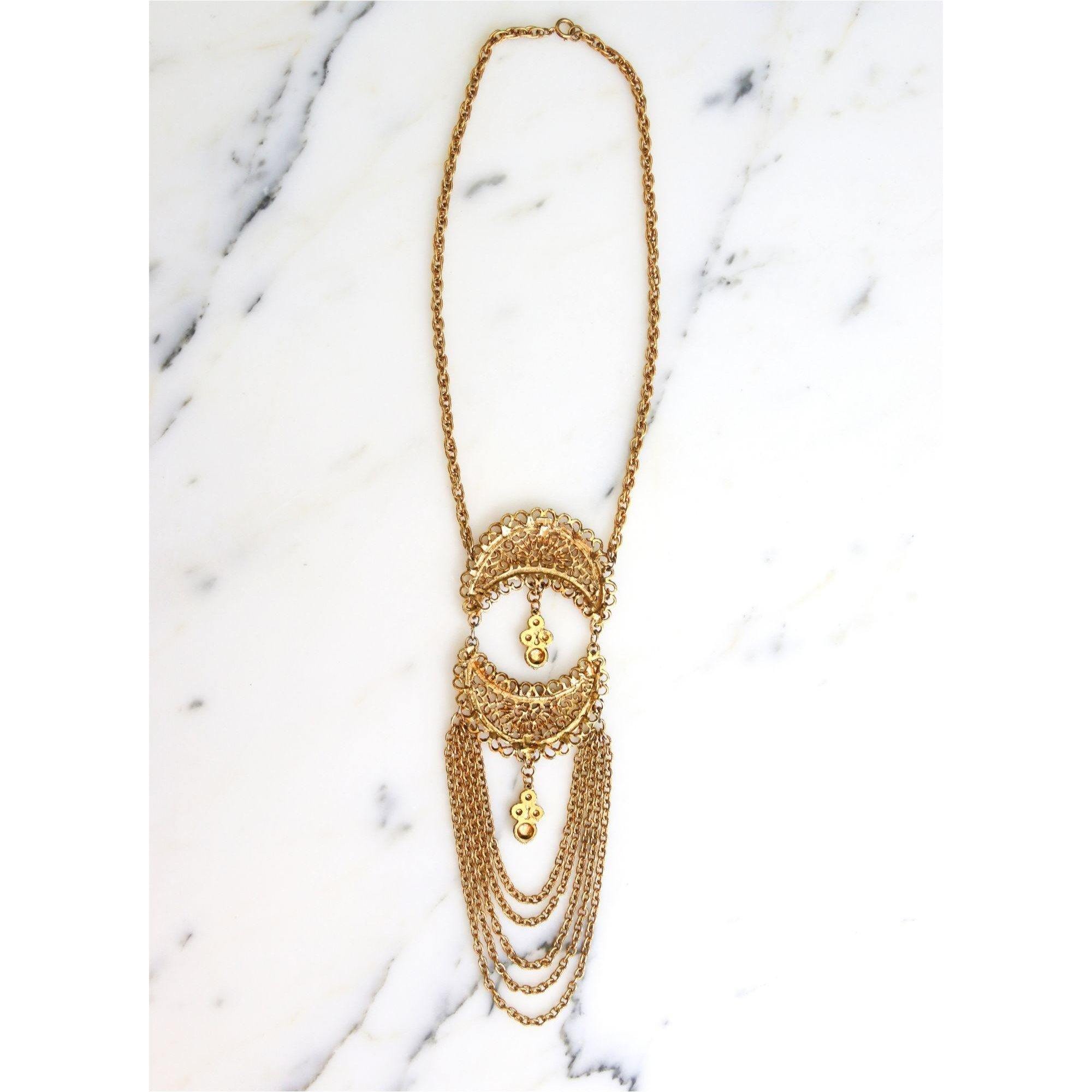 Vintage Etruscan Style Waterfall Statement Necklace by Unsigned Beauty - Vintage Meet Modern Vintage Jewelry - Chicago, Illinois - #oldhollywoodglamour #vintagemeetmodern #designervintage #jewelrybox #antiquejewelry #vintagejewelry