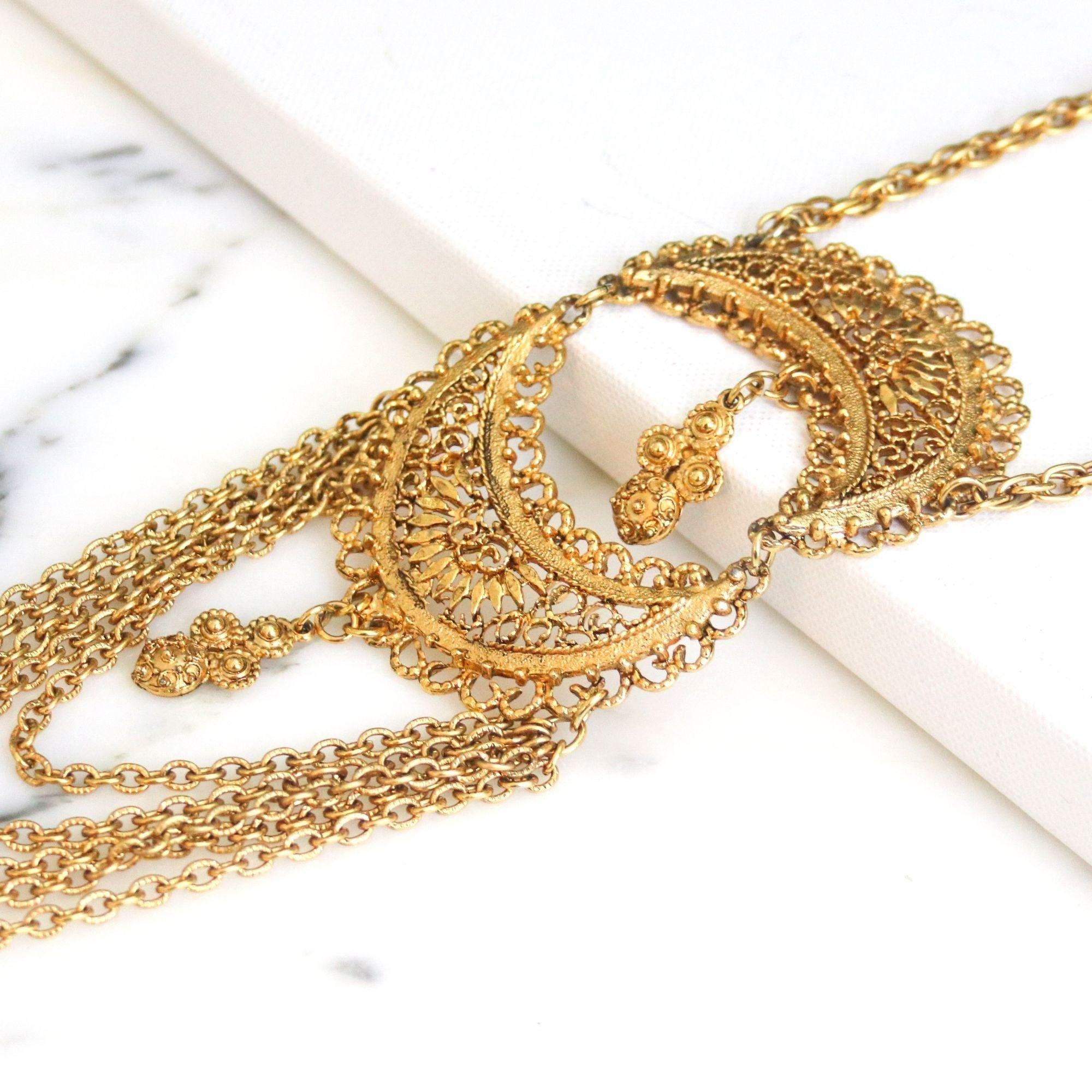 Vintage Etruscan Style Waterfall Statement Necklace by Unsigned Beauty - Vintage Meet Modern Vintage Jewelry - Chicago, Illinois - #oldhollywoodglamour #vintagemeetmodern #designervintage #jewelrybox #antiquejewelry #vintagejewelry