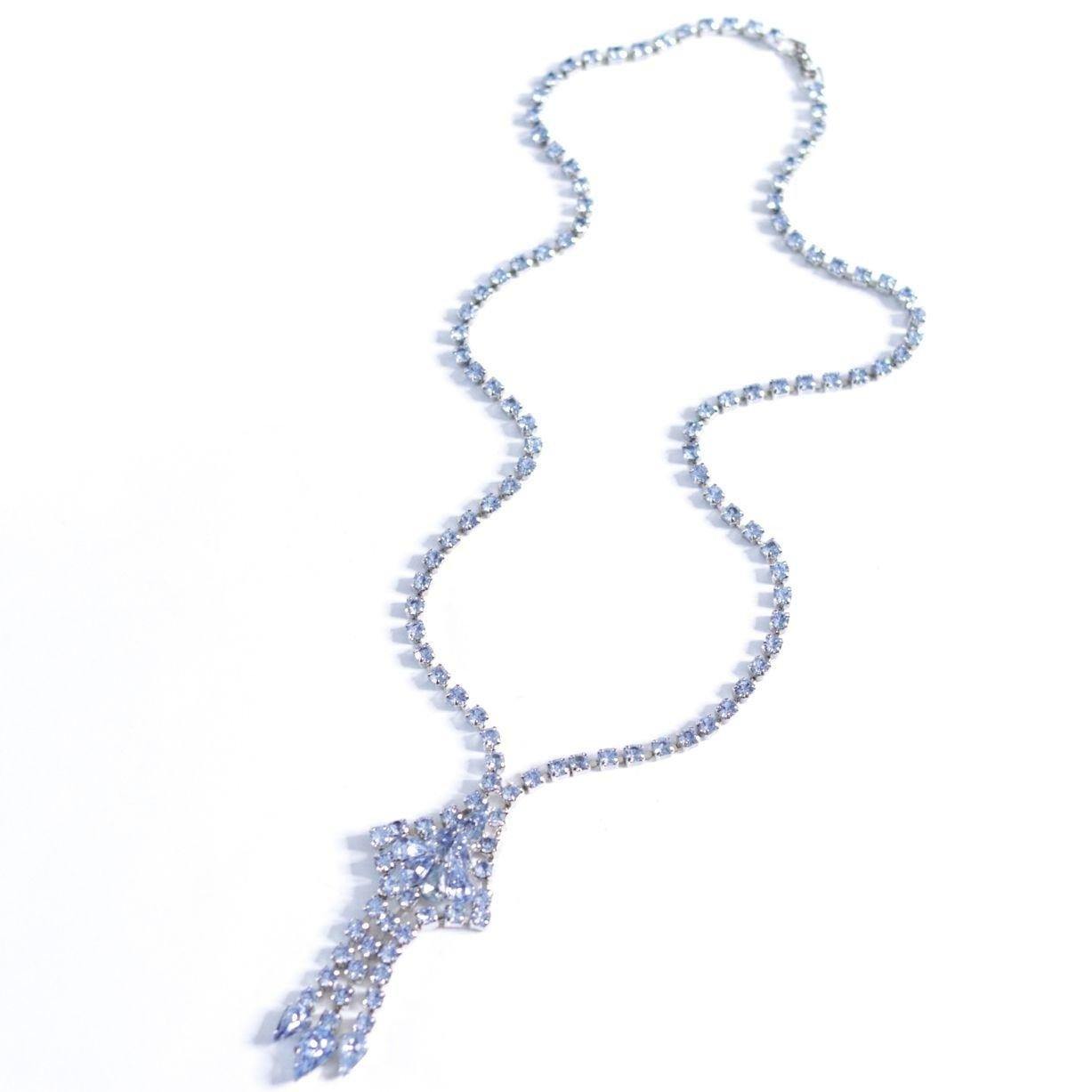 Vintage Blue Rhinestone Tassel Necklace by Unsigned Beauty - Vintage Meet Modern Vintage Jewelry - Chicago, Illinois - #oldhollywoodglamour #vintagemeetmodern #designervintage #jewelrybox #antiquejewelry #vintagejewelry