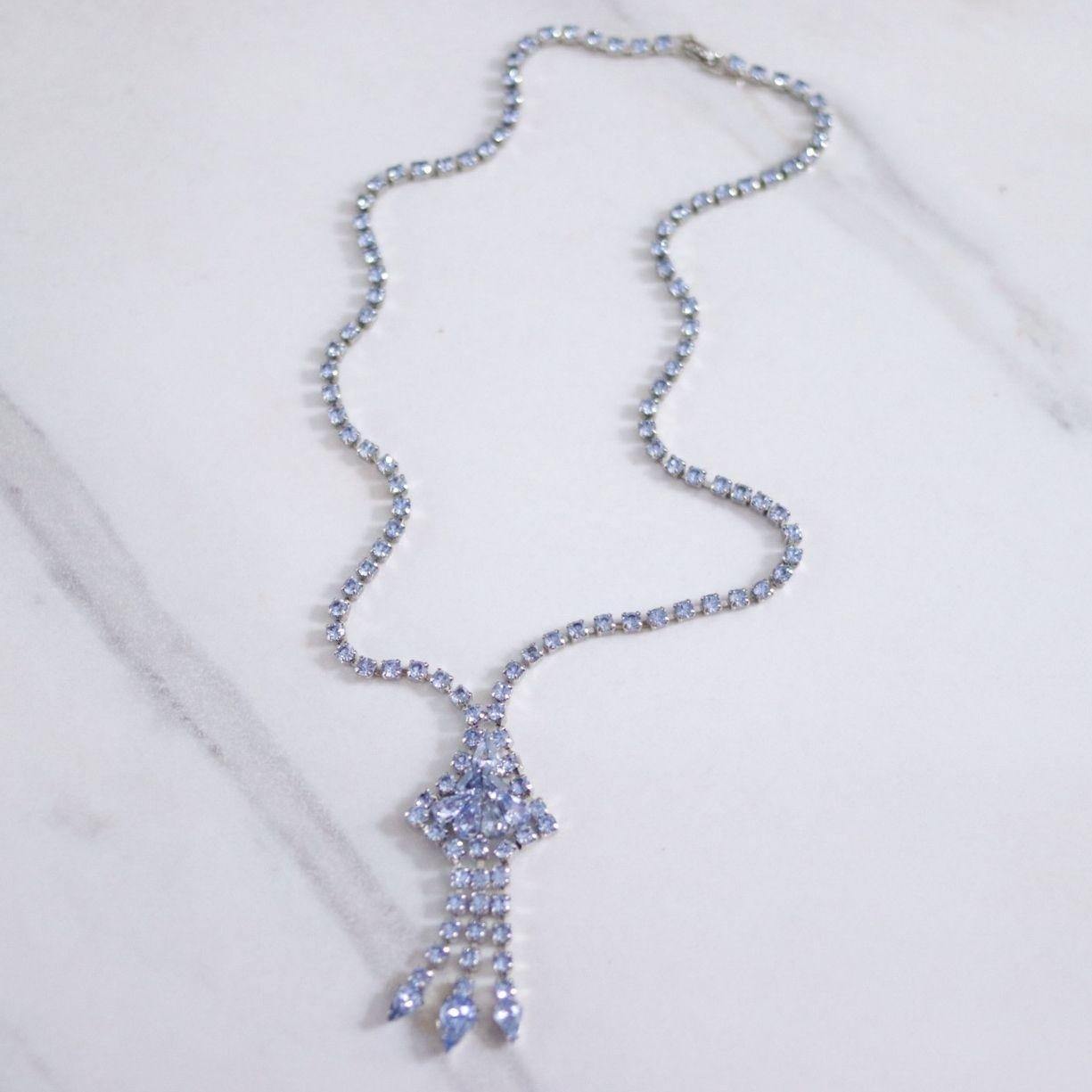 Vintage Blue Rhinestone Tassel Necklace by Unsigned Beauty - Vintage Meet Modern Vintage Jewelry - Chicago, Illinois - #oldhollywoodglamour #vintagemeetmodern #designervintage #jewelrybox #antiquejewelry #vintagejewelry