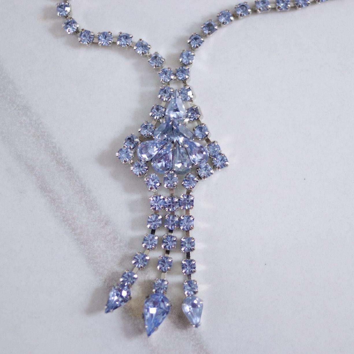 Vintage Blue Rhinestone Tassel Necklace by Unsigned Beauty - Vintage Meet Modern Vintage Jewelry - Chicago, Illinois - #oldhollywoodglamour #vintagemeetmodern #designervintage #jewelrybox #antiquejewelry #vintagejewelry