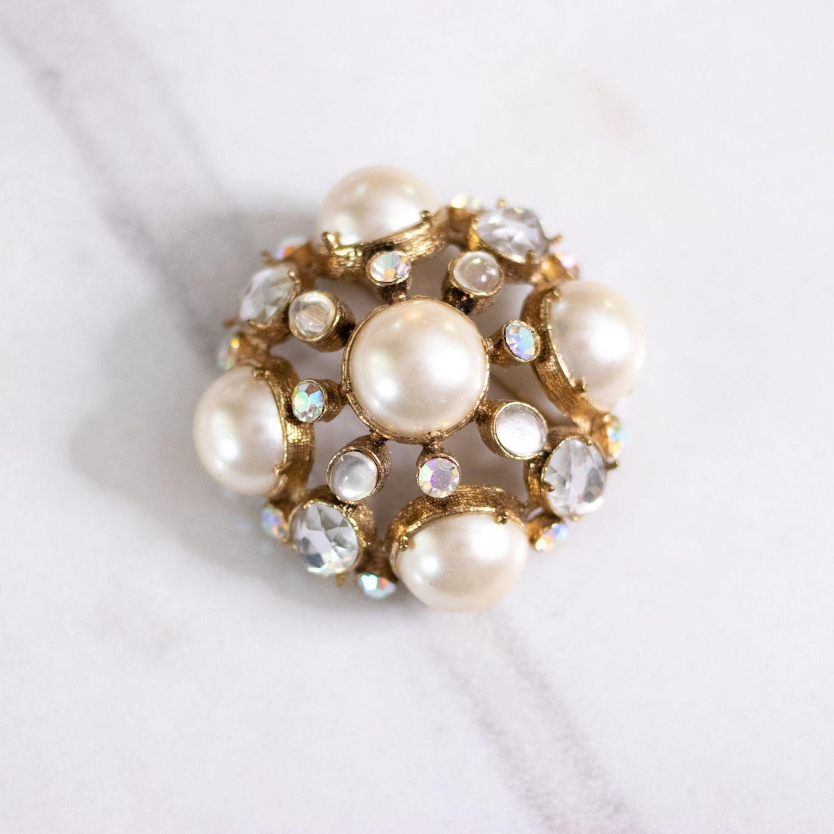 Vintage Large Domed Pearl Brooch with Rhinestones and Aurora Borealis Cabochons