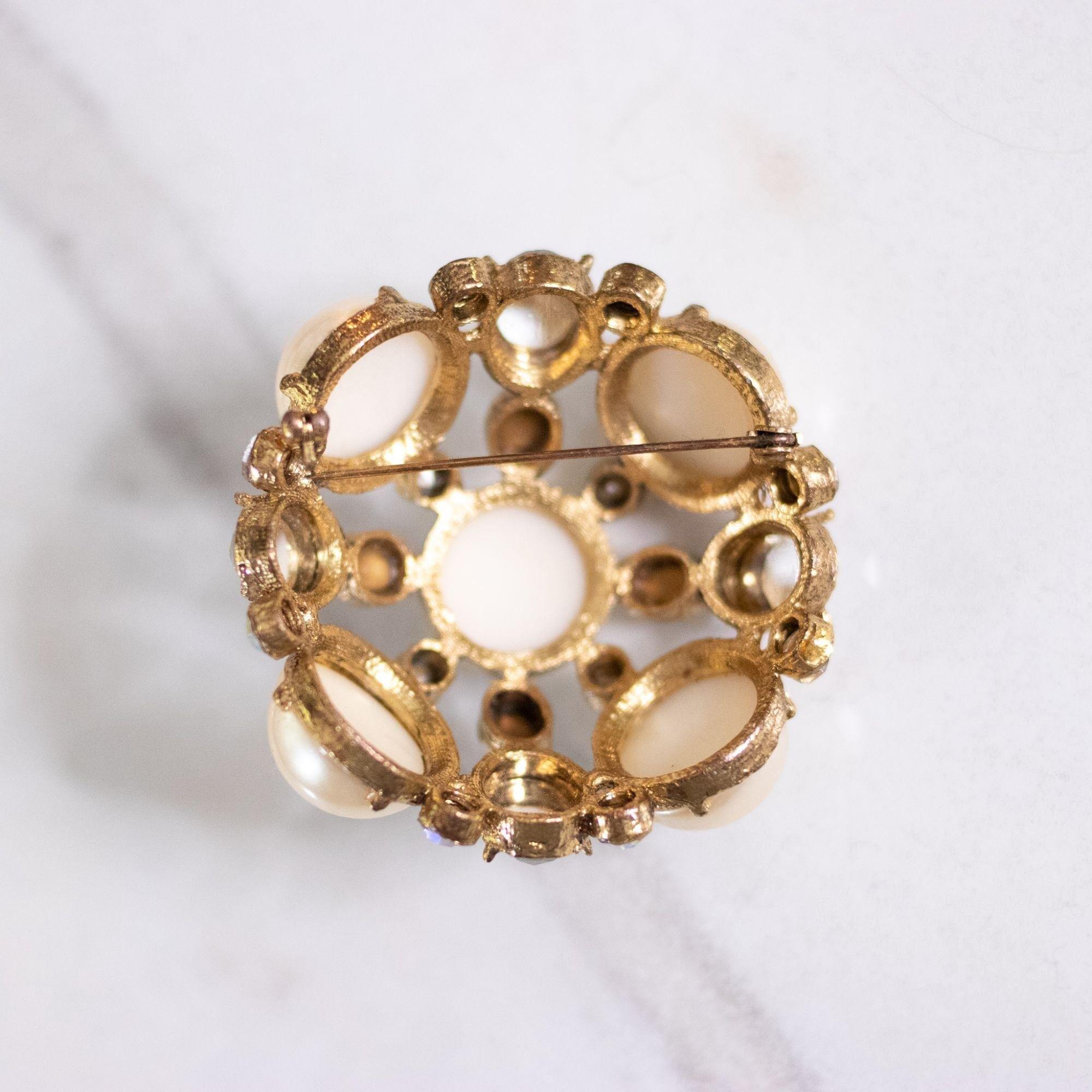 Vintage Large Domed Pearl Brooch with Rhinestones and Aurora Borealis Cabochons by Unsigned Beauty - Vintage Meet Modern Vintage Jewelry - Chicago, Illinois - #oldhollywoodglamour #vintagemeetmodern #designervintage #jewelrybox #antiquejewelry #vintagejewelry