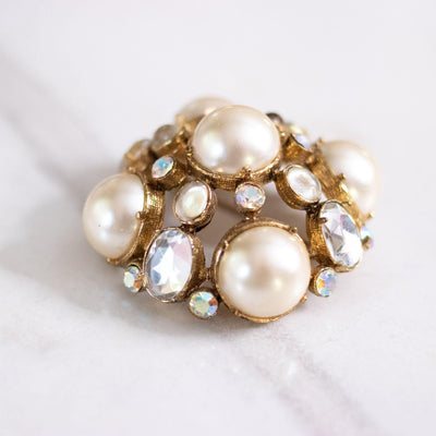 Vintage Large Domed Pearl Brooch with Rhinestones and Aurora Borealis Cabochons by Unsigned Beauty - Vintage Meet Modern Vintage Jewelry - Chicago, Illinois - #oldhollywoodglamour #vintagemeetmodern #designervintage #jewelrybox #antiquejewelry #vintagejewelry