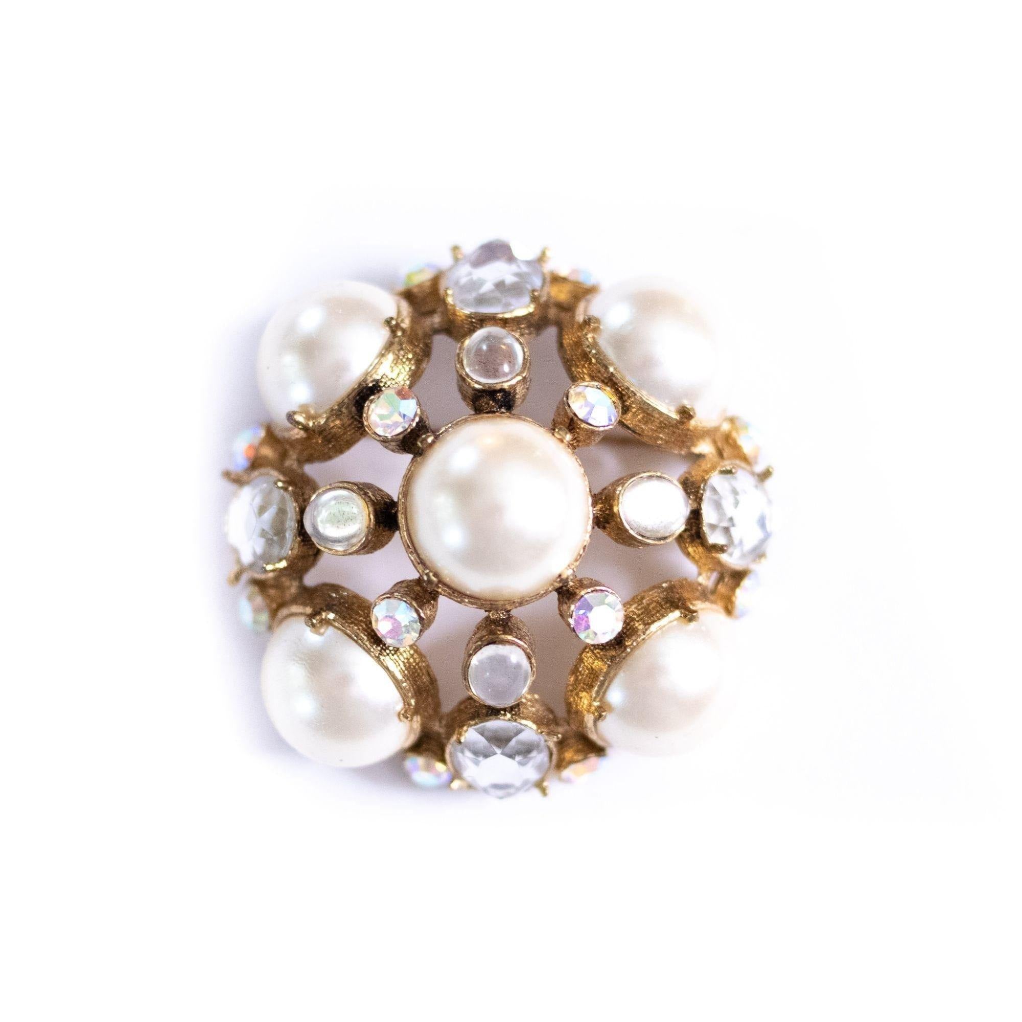 Vintage Large Domed Pearl Brooch with Rhinestones and Aurora Borealis Cabochons by Unsigned Beauty - Vintage Meet Modern Vintage Jewelry - Chicago, Illinois - #oldhollywoodglamour #vintagemeetmodern #designervintage #jewelrybox #antiquejewelry #vintagejewelry