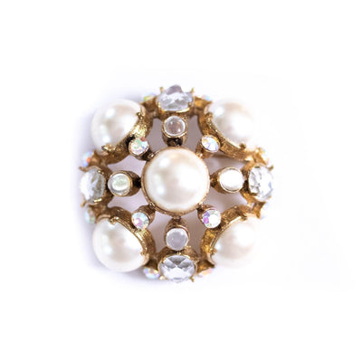 Vintage Large Domed Pearl Brooch with Rhinestones and Aurora Borealis Cabochons by Unsigned Beauty - Vintage Meet Modern Vintage Jewelry - Chicago, Illinois - #oldhollywoodglamour #vintagemeetmodern #designervintage #jewelrybox #antiquejewelry #vintagejewelry