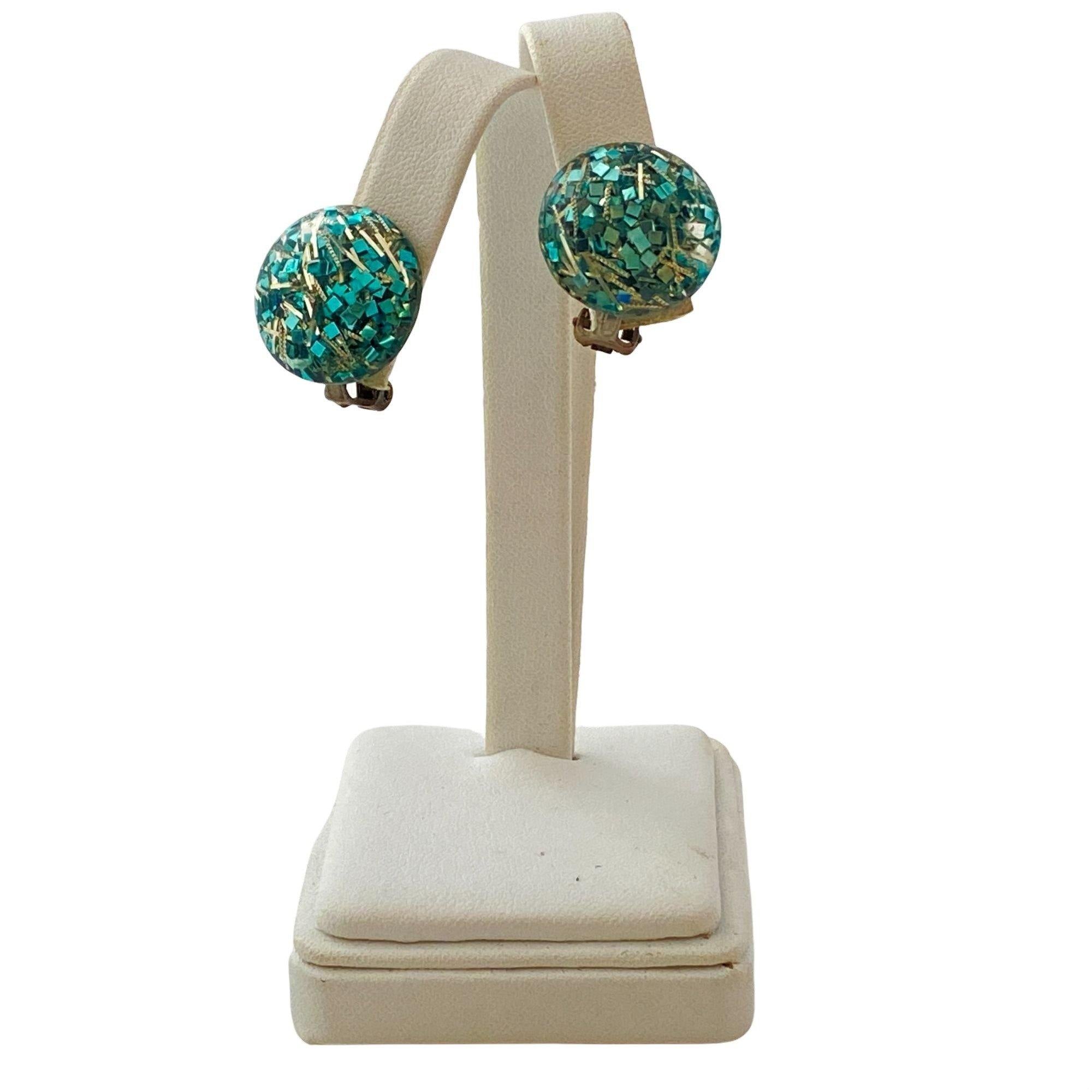 Vintage Aqua Glitter Lucite Earrings by Unsigned Beauty - Vintage Meet Modern Vintage Jewelry - Chicago, Illinois - #oldhollywoodglamour #vintagemeetmodern #designervintage #jewelrybox #antiquejewelry #vintagejewelry