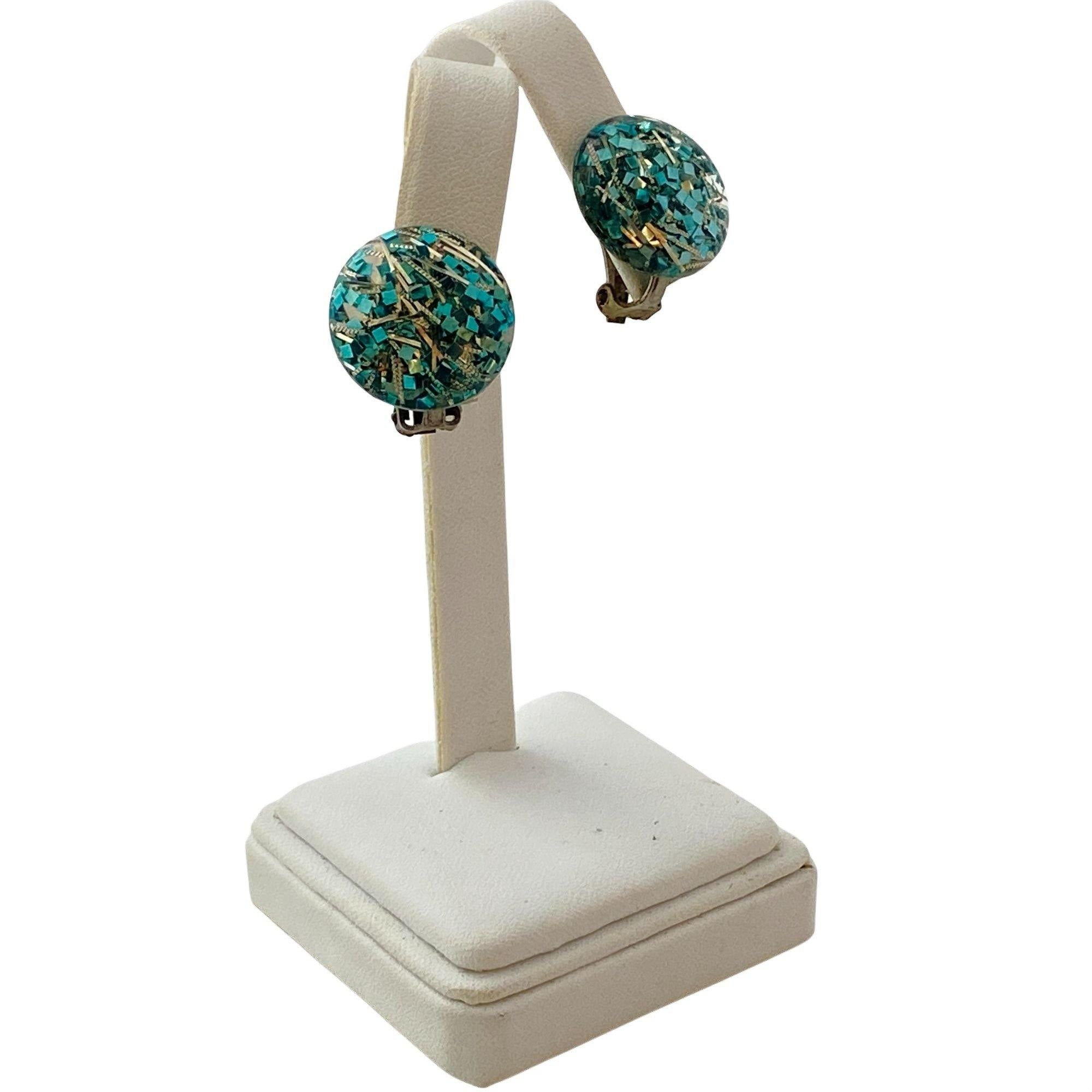 Vintage Aqua Glitter Lucite Earrings by Unsigned Beauty - Vintage Meet Modern Vintage Jewelry - Chicago, Illinois - #oldhollywoodglamour #vintagemeetmodern #designervintage #jewelrybox #antiquejewelry #vintagejewelry