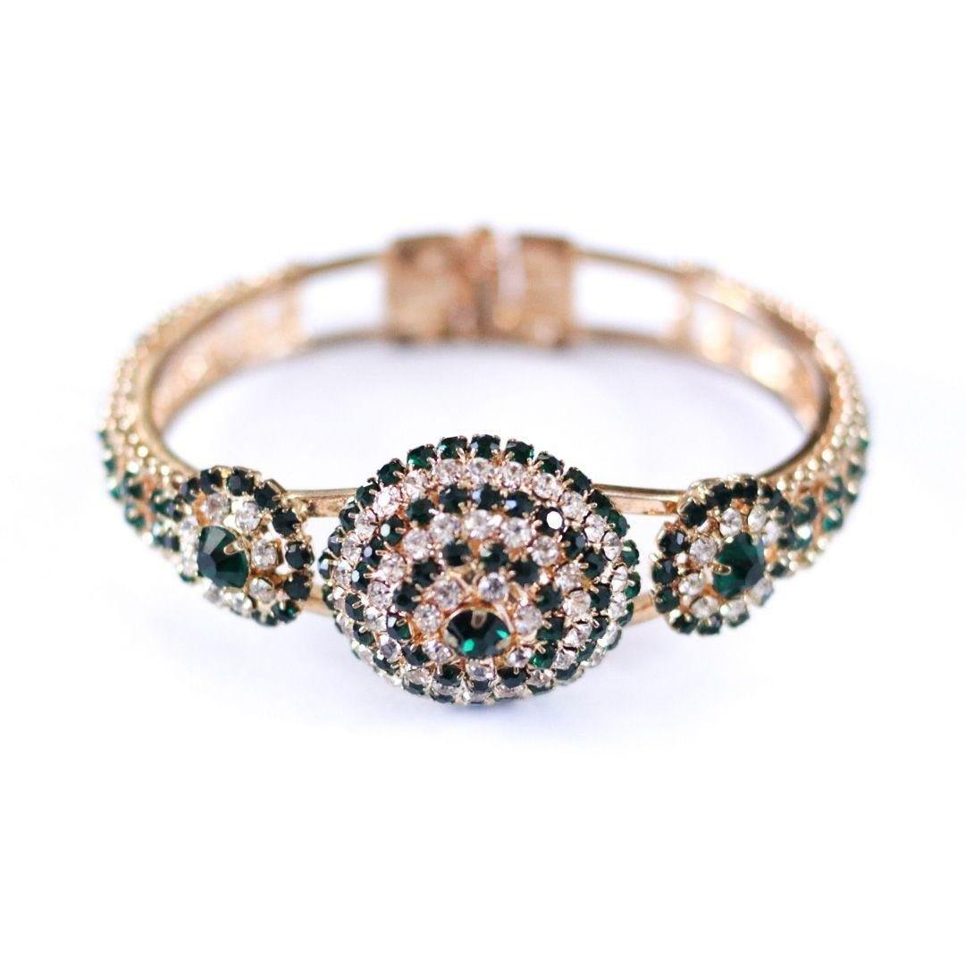 Vintage Emerald and Diamante Rhinestone Clamper Bracelet