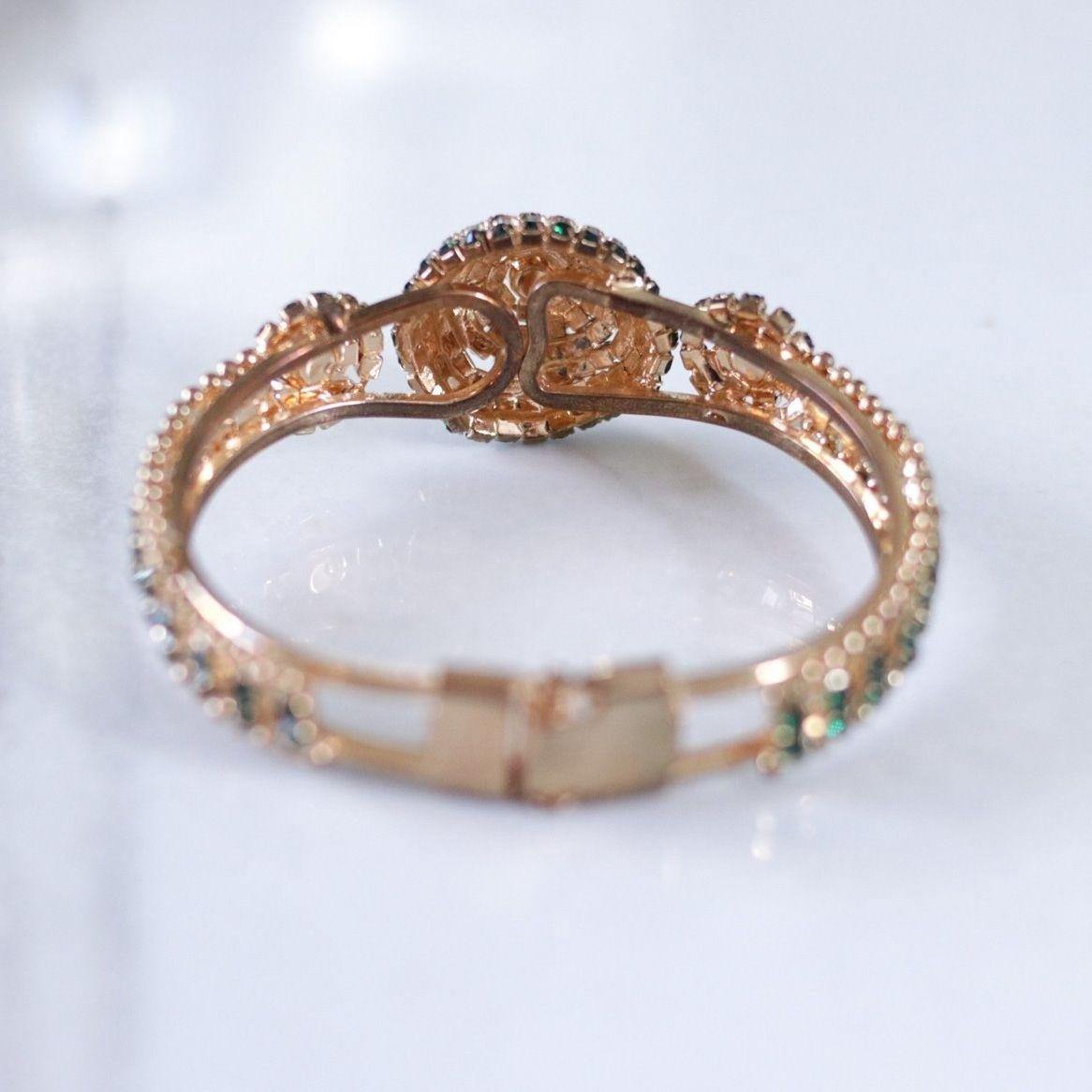 Vintage Emerald and Diamante Rhinestone Clamper Bracelet by Unsigned Beauty - Vintage Meet Modern Vintage Jewelry - Chicago, Illinois - #oldhollywoodglamour #vintagemeetmodern #designervintage #jewelrybox #antiquejewelry #vintagejewelry