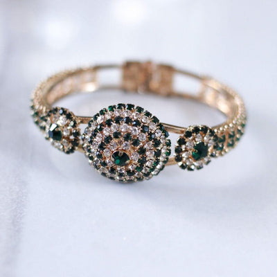 Vintage Emerald and Diamante Rhinestone Clamper Bracelet by Unsigned Beauty - Vintage Meet Modern Vintage Jewelry - Chicago, Illinois - #oldhollywoodglamour #vintagemeetmodern #designervintage #jewelrybox #antiquejewelry #vintagejewelry