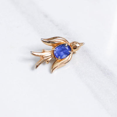 Vintage Gold Sparrow Bird Brooch with Blue Rhinestone by Unsigned - Vintage Meet Modern Vintage Jewelry - Chicago, Illinois - #oldhollywoodglamour #vintagemeetmodern #designervintage #jewelrybox #antiquejewelry #vintagejewelry