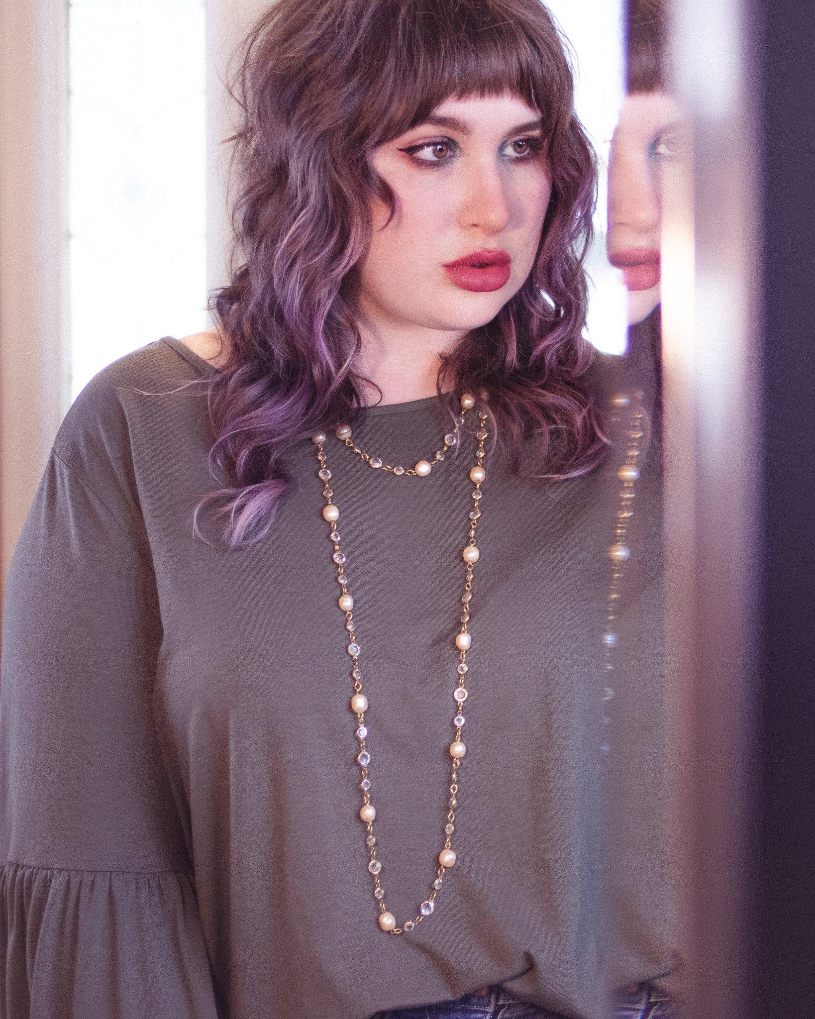 Vintage Chanel Bezel Set Crystal and Pearl Chicklet Sautoir Necklace by Chanel - Vintage Meet Modern Vintage Jewelry - Chicago, Illinois - #oldhollywoodglamour #vintagemeetmodern #designervintage #jewelrybox #antiquejewelry #vintagejewelry