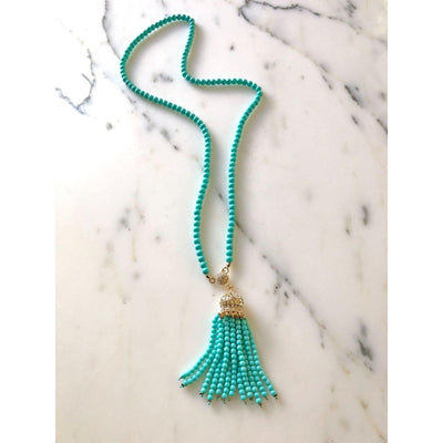 Vintage Turquoise Tassel Necklace with Rhinestones by Unsigned Beauty - Vintage Meet Modern Vintage Jewelry - Chicago, Illinois - #oldhollywoodglamour #vintagemeetmodern #designervintage #jewelrybox #antiquejewelry #vintagejewelry