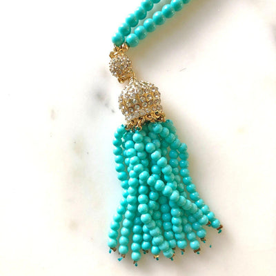 Vintage Turquoise Tassel Necklace with Rhinestones by Unsigned Beauty - Vintage Meet Modern Vintage Jewelry - Chicago, Illinois - #oldhollywoodglamour #vintagemeetmodern #designervintage #jewelrybox #antiquejewelry #vintagejewelry