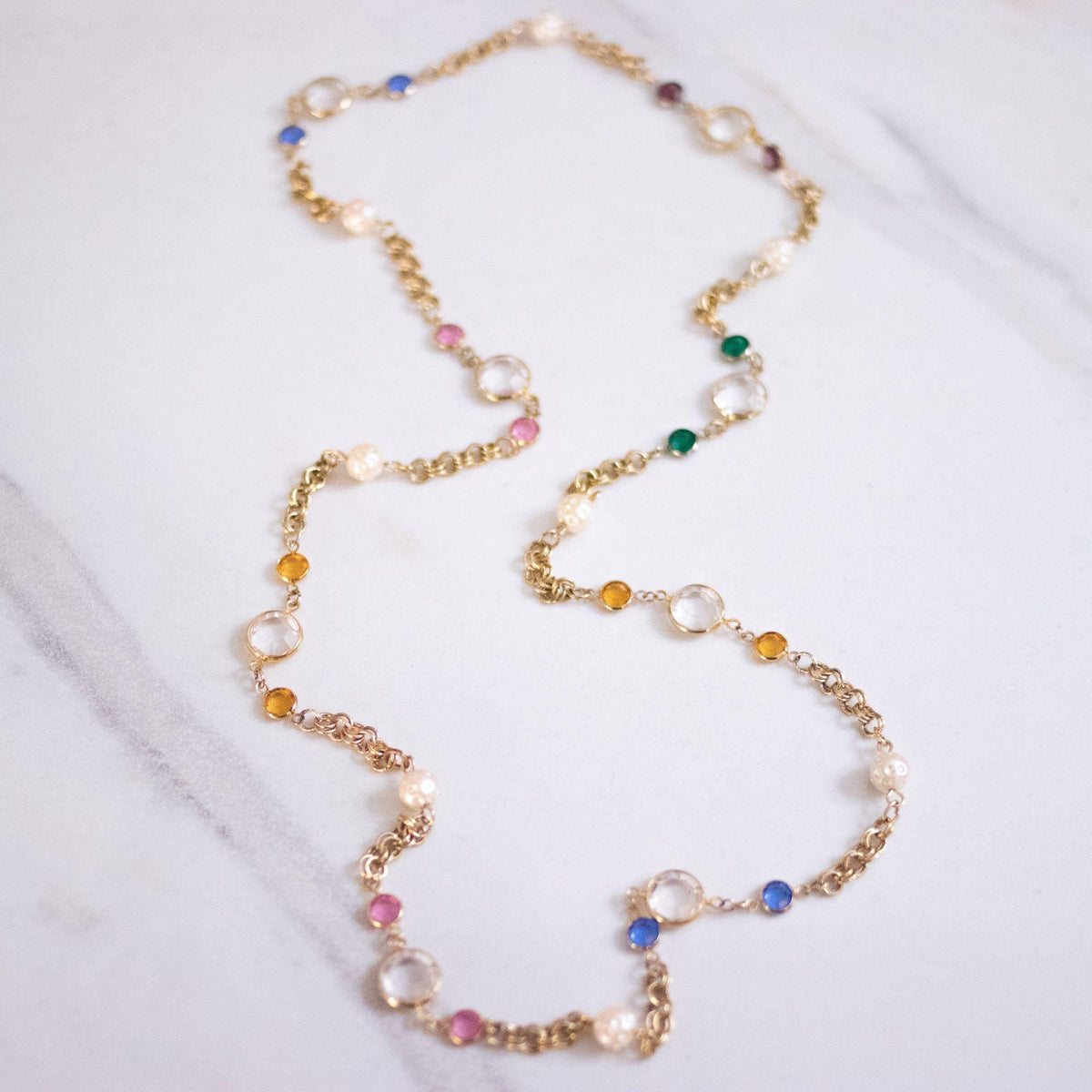 Vintage Colorful Bezel Set Crystal and Faux Pearl Necklace