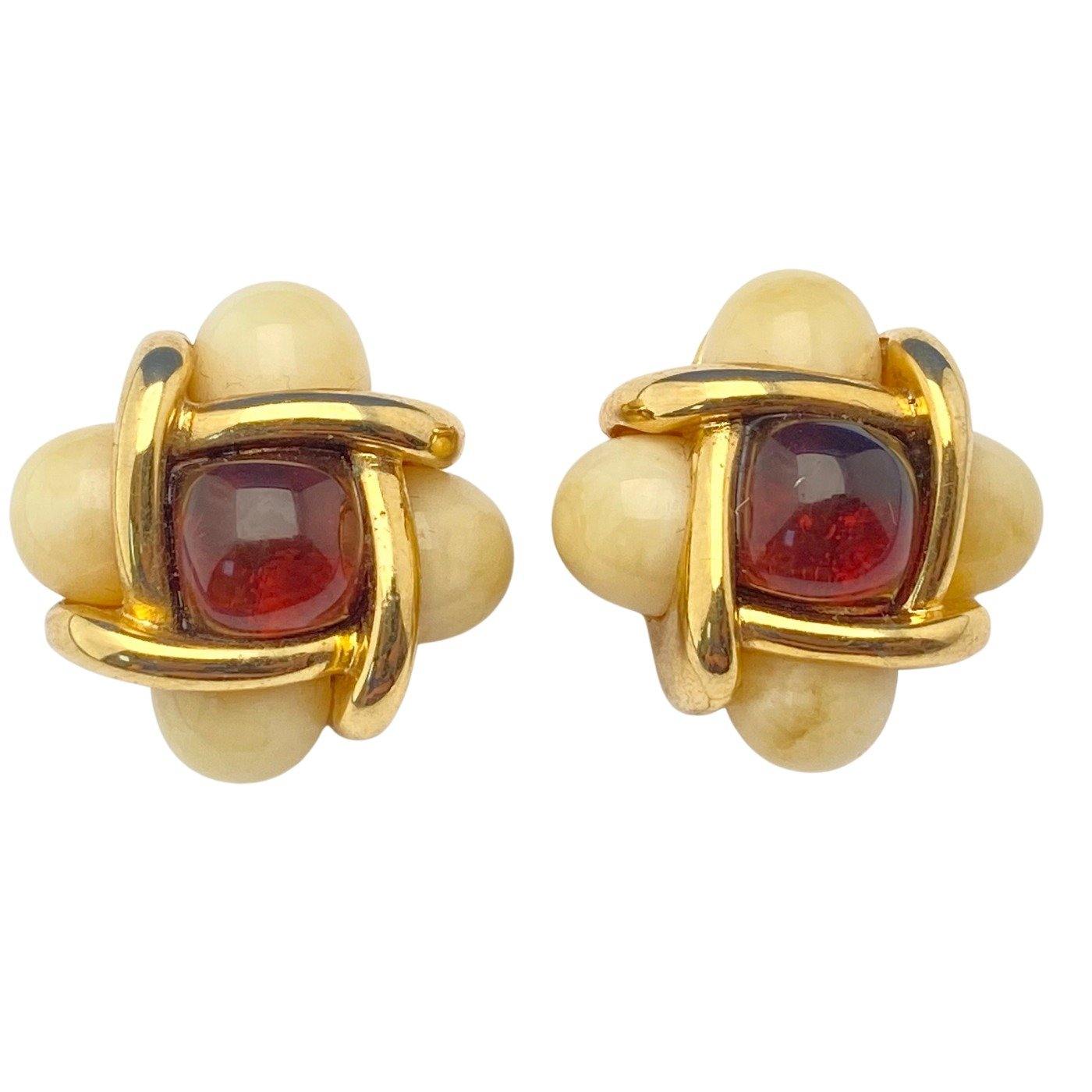 Joan Rivers Cream and Garnet Lucite Cabochon Earrings by Joan Rivers - Vintage Meet Modern Vintage Jewelry - Chicago, Illinois - #oldhollywoodglamour #vintagemeetmodern #designervintage #jewelrybox #antiquejewelry #vintagejewelry