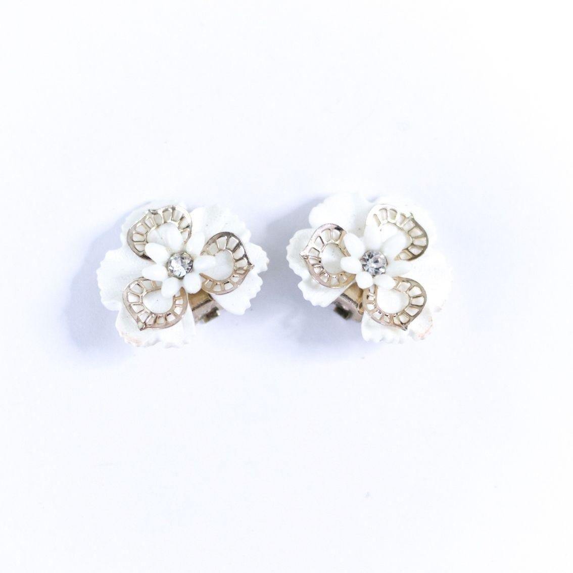 Vintage White Pansy Flower with Rhinestones Statement Earrings