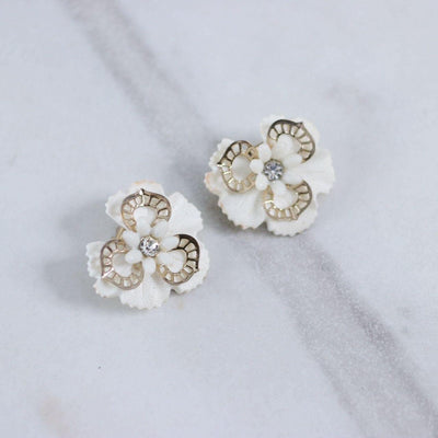 Vintage White Pansy Flower with Rhinestones Statement Earrings by Unsigned Beauty - Vintage Meet Modern Vintage Jewelry - Chicago, Illinois - #oldhollywoodglamour #vintagemeetmodern #designervintage #jewelrybox #antiquejewelry #vintagejewelry