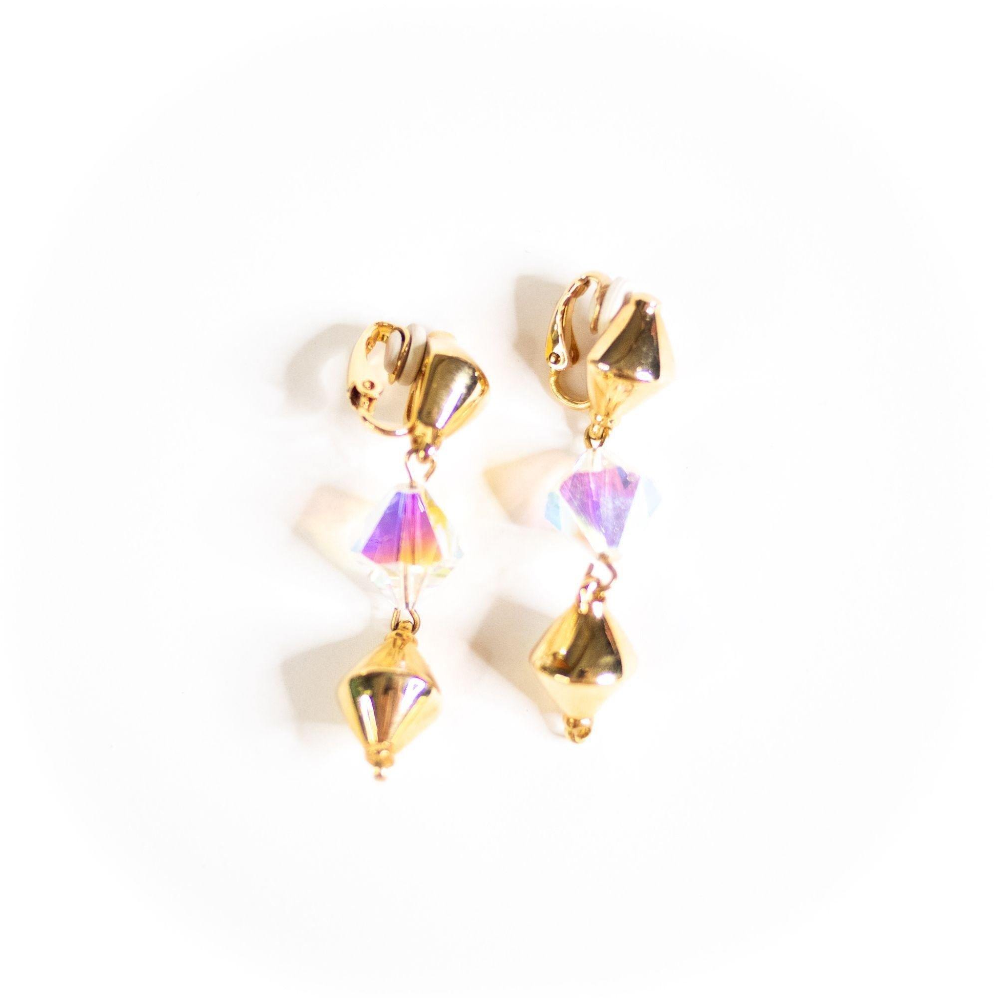 Vintage Swarovski Gold and Aurora Borealis Dangling Statement Earrings by Swarovski - Vintage Meet Modern Vintage Jewelry - Chicago, Illinois - #oldhollywoodglamour #vintagemeetmodern #designervintage #jewelrybox #antiquejewelry #vintagejewelry