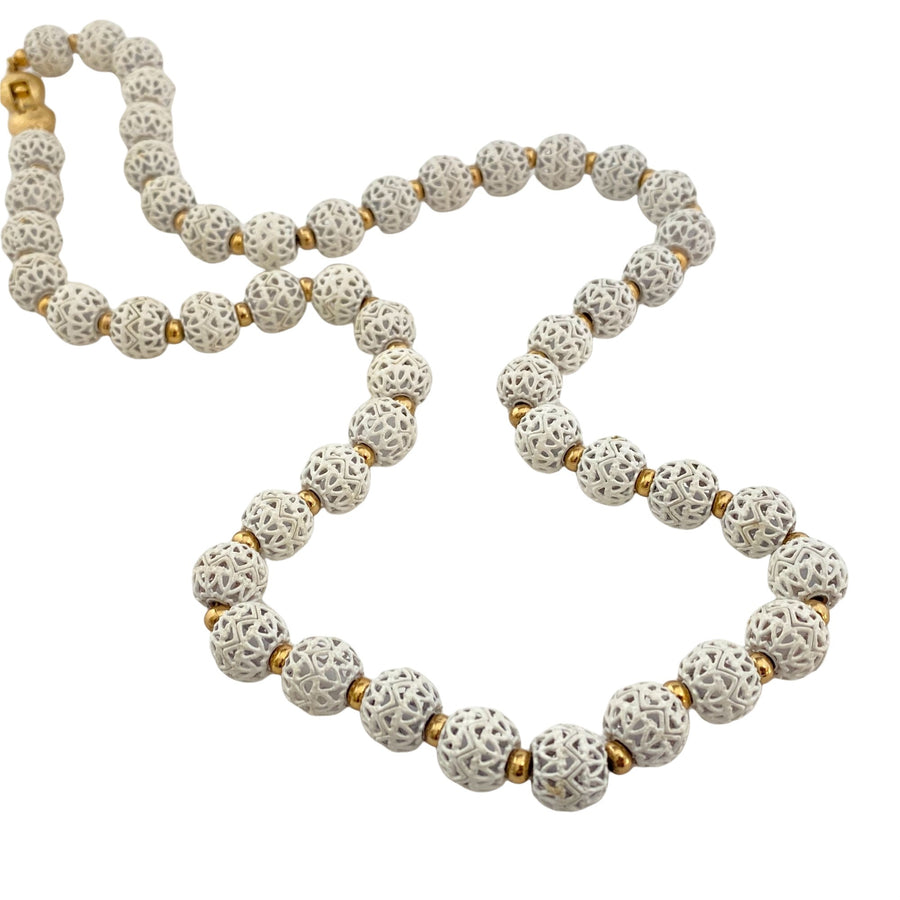 Vintage Monet White Pierced Lattice Bead Necklace by Monet - Vintage Meet Modern Vintage Jewelry - Chicago, Illinois - #oldhollywoodglamour #vintagemeetmodern #designervintage #jewelrybox #antiquejewelry #vintagejewelry