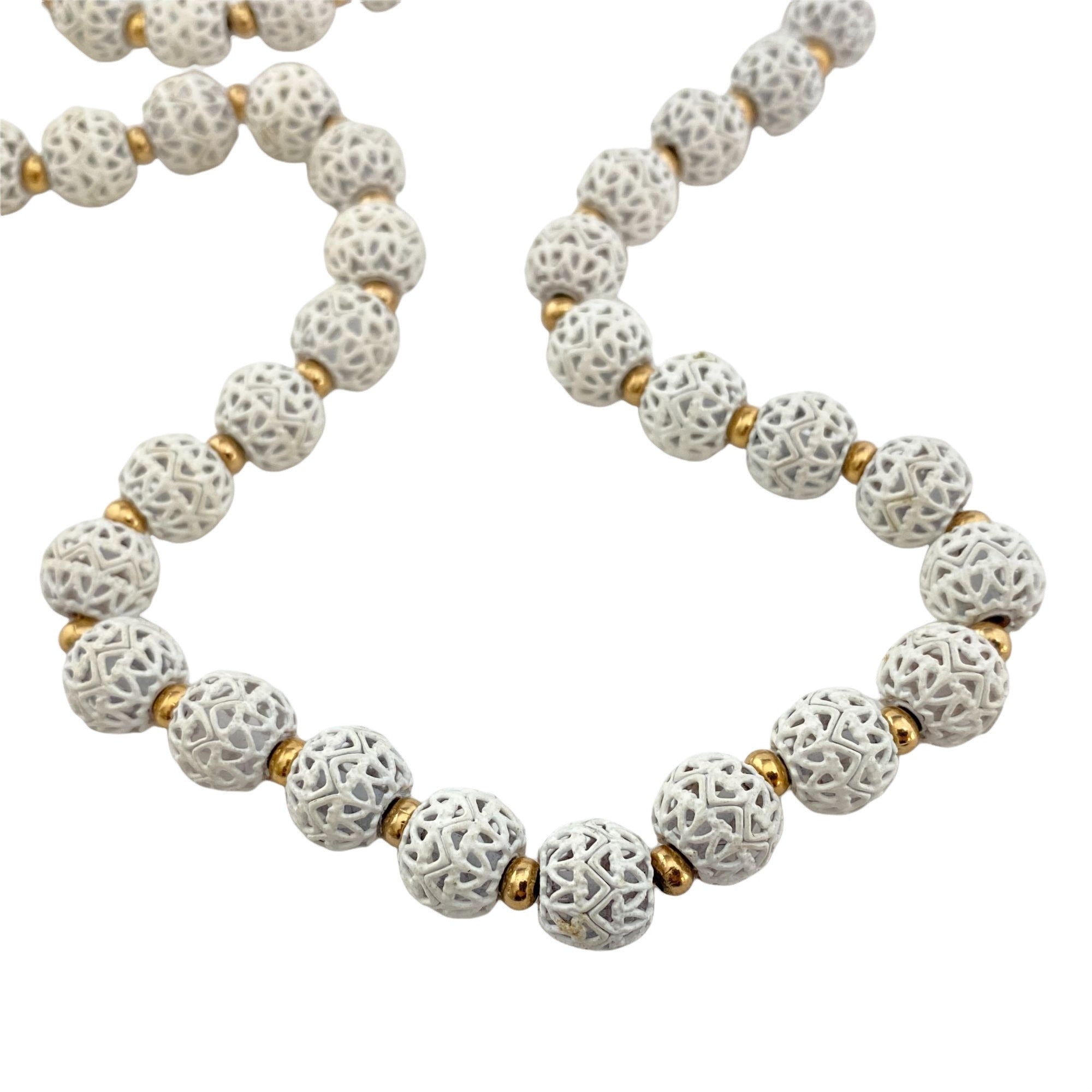 Vintage Monet White Pierced Lattice Bead Necklace by Monet - Vintage Meet Modern Vintage Jewelry - Chicago, Illinois - #oldhollywoodglamour #vintagemeetmodern #designervintage #jewelrybox #antiquejewelry #vintagejewelry