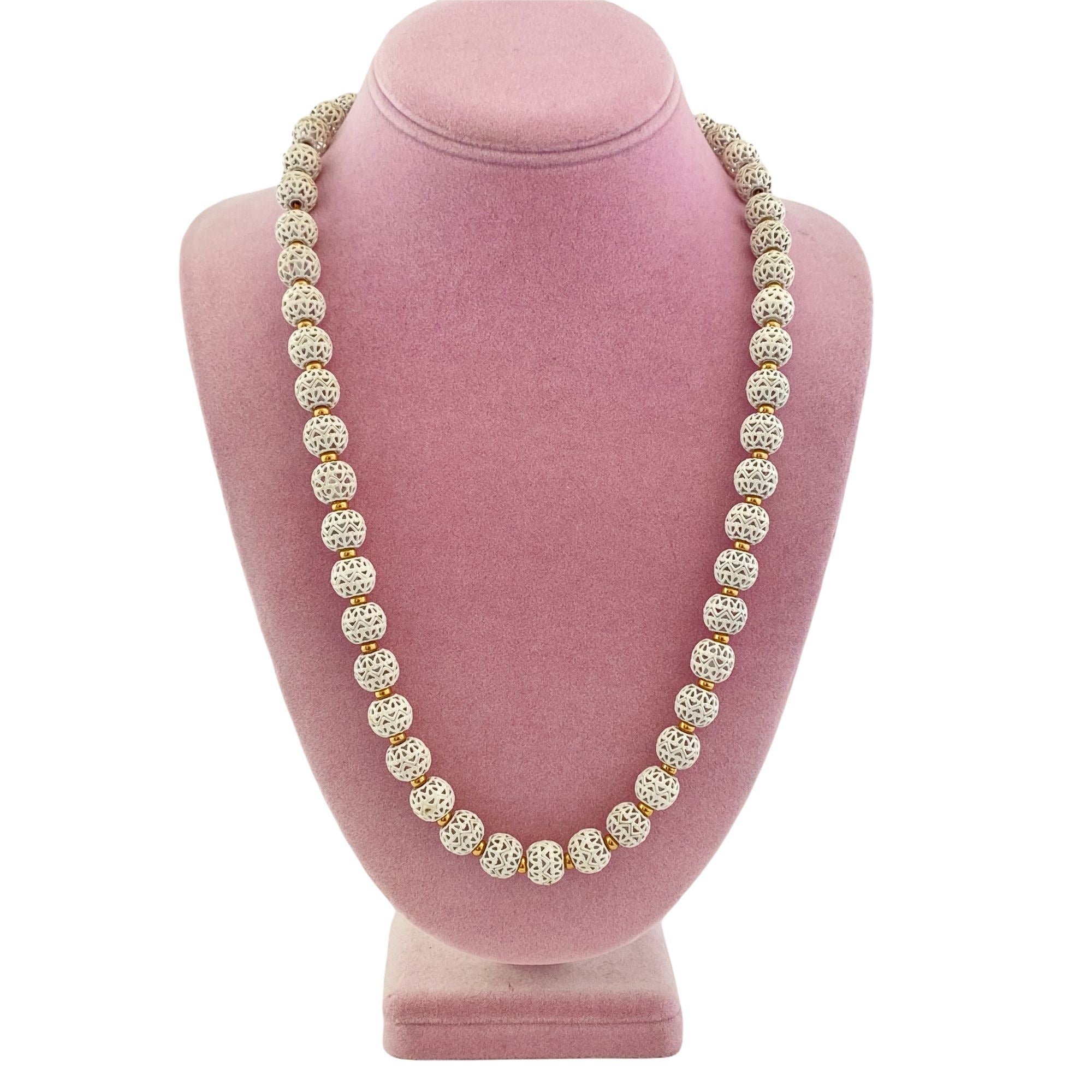 Vintage Monet White Pierced Lattice Bead Necklace by Monet - Vintage Meet Modern Vintage Jewelry - Chicago, Illinois - #oldhollywoodglamour #vintagemeetmodern #designervintage #jewelrybox #antiquejewelry #vintagejewelry