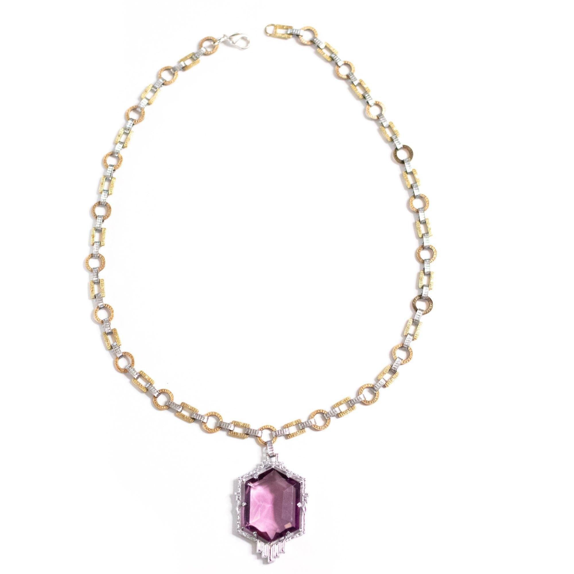 Vintage Art Deco Sterling Silver and Gold Wash Amethyst Crystal Necklace by Unsigned Beauty - Vintage Meet Modern Vintage Jewelry - Chicago, Illinois - #oldhollywoodglamour #vintagemeetmodern #designervintage #jewelrybox #antiquejewelry #vintagejewelry