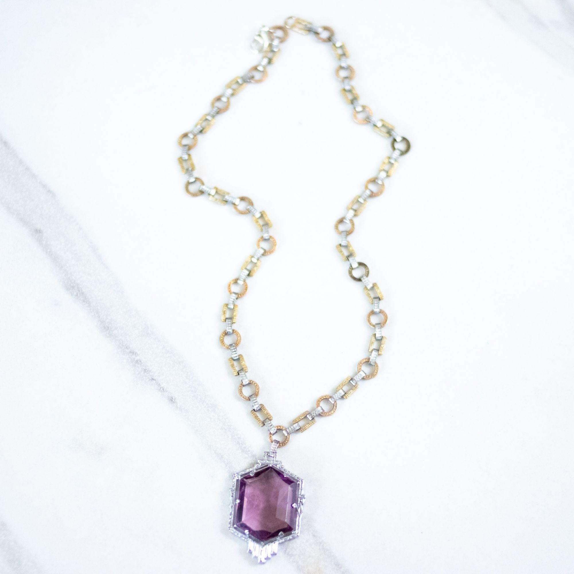 Vintage Art Deco Sterling Silver and Gold Wash Amethyst Crystal Necklace by Unsigned Beauty - Vintage Meet Modern Vintage Jewelry - Chicago, Illinois - #oldhollywoodglamour #vintagemeetmodern #designervintage #jewelrybox #antiquejewelry #vintagejewelry
