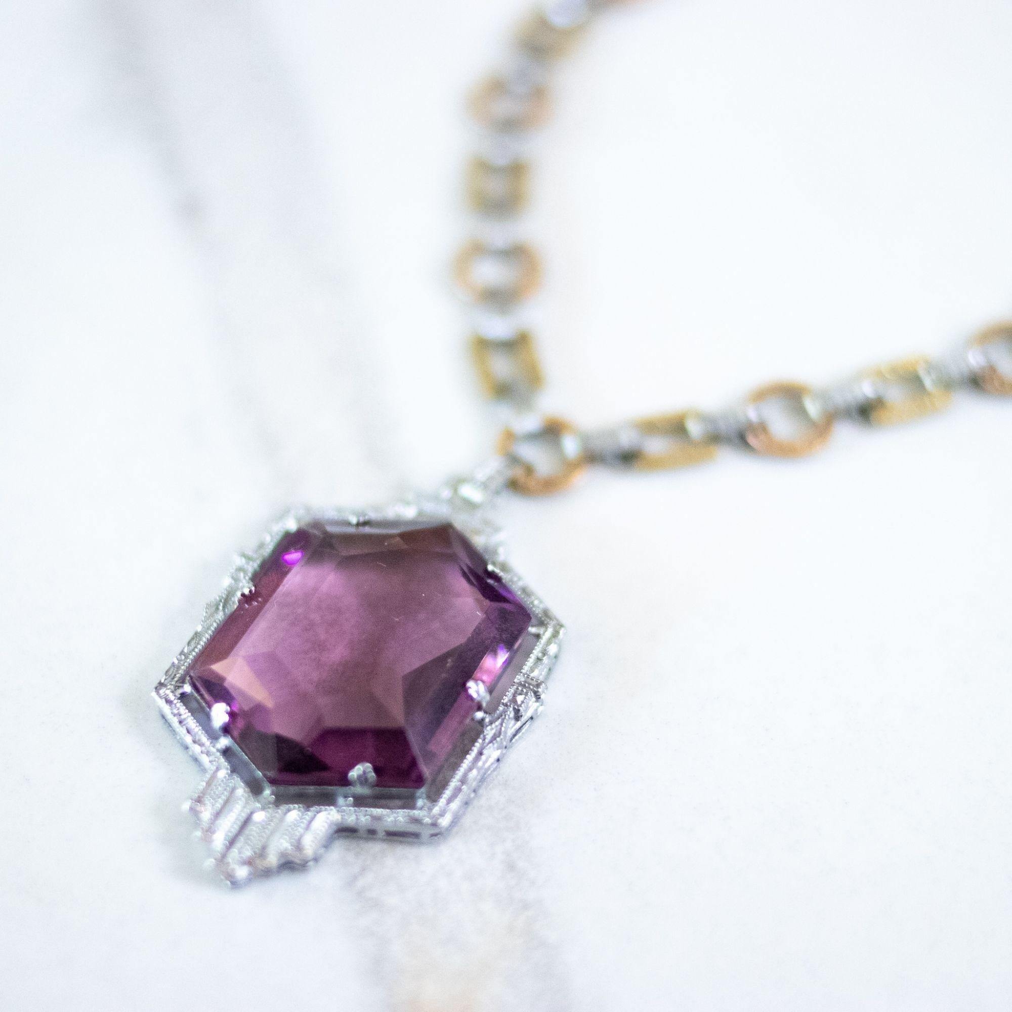 Vintage Art Deco Sterling Silver and Gold Wash Amethyst Crystal Necklace by Unsigned Beauty - Vintage Meet Modern Vintage Jewelry - Chicago, Illinois - #oldhollywoodglamour #vintagemeetmodern #designervintage #jewelrybox #antiquejewelry #vintagejewelry