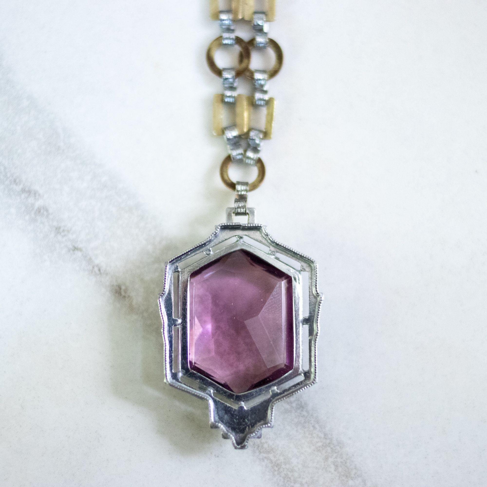 Vintage Art Deco Sterling Silver and Gold Wash Amethyst Crystal Necklace by Unsigned Beauty - Vintage Meet Modern Vintage Jewelry - Chicago, Illinois - #oldhollywoodglamour #vintagemeetmodern #designervintage #jewelrybox #antiquejewelry #vintagejewelry