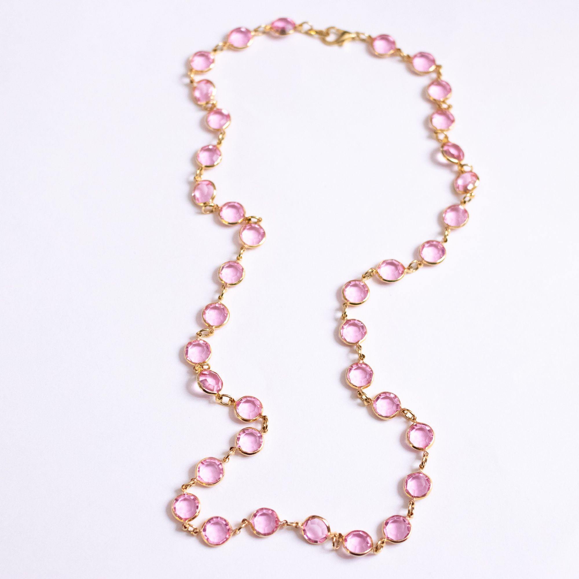 Vintage Pink Bezel Set Crystal Necklace by Unsigned Beauty - Vintage Meet Modern Vintage Jewelry - Chicago, Illinois - #oldhollywoodglamour #vintagemeetmodern #designervintage #jewelrybox #antiquejewelry #vintagejewelry
